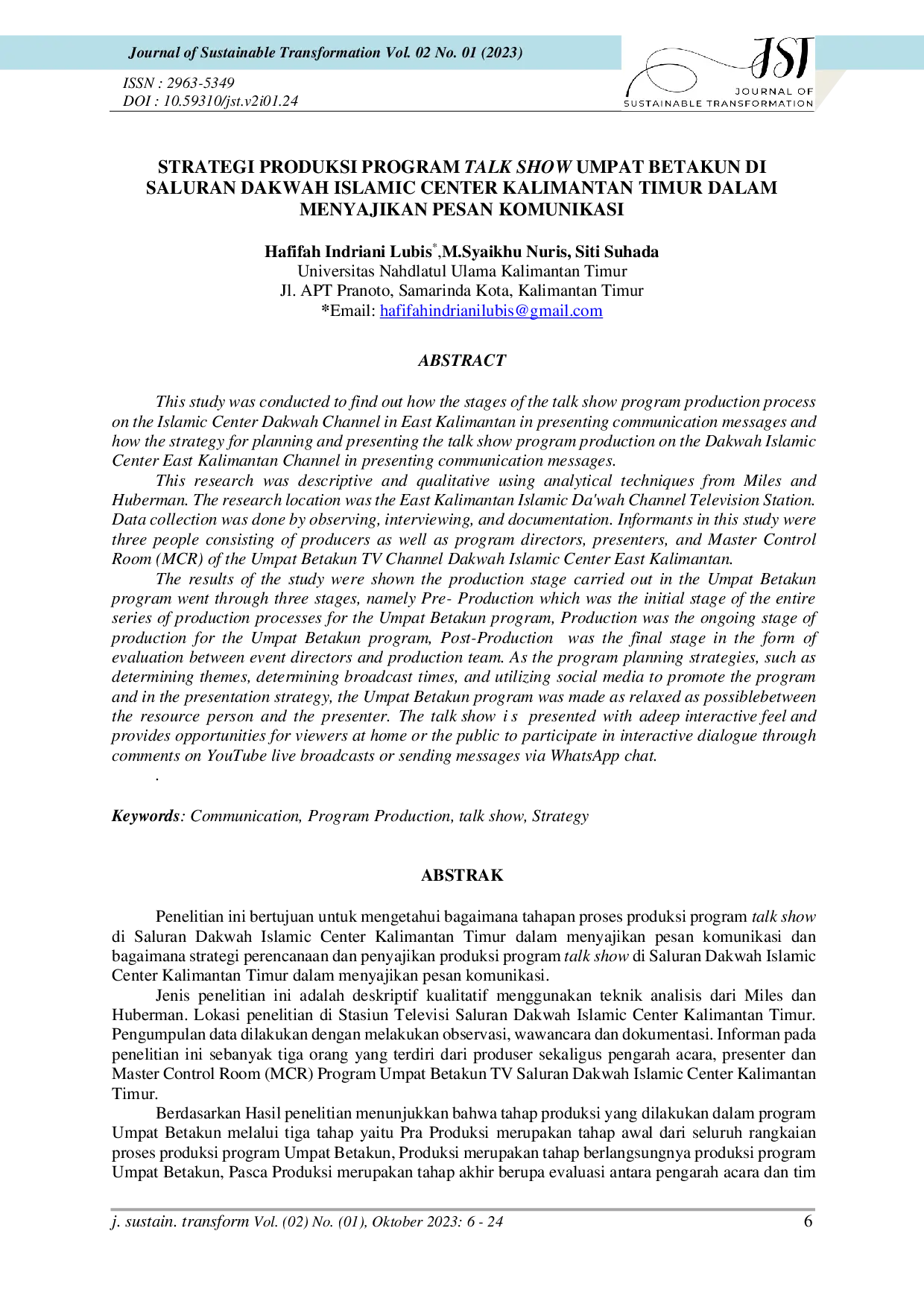 JURIS Strategi Produksi Program Talk Show Umpat Betakun di Saluran Dakwah Islamic Center Kalimantan Timur dalam Menyajikan Pesan Komunikasi