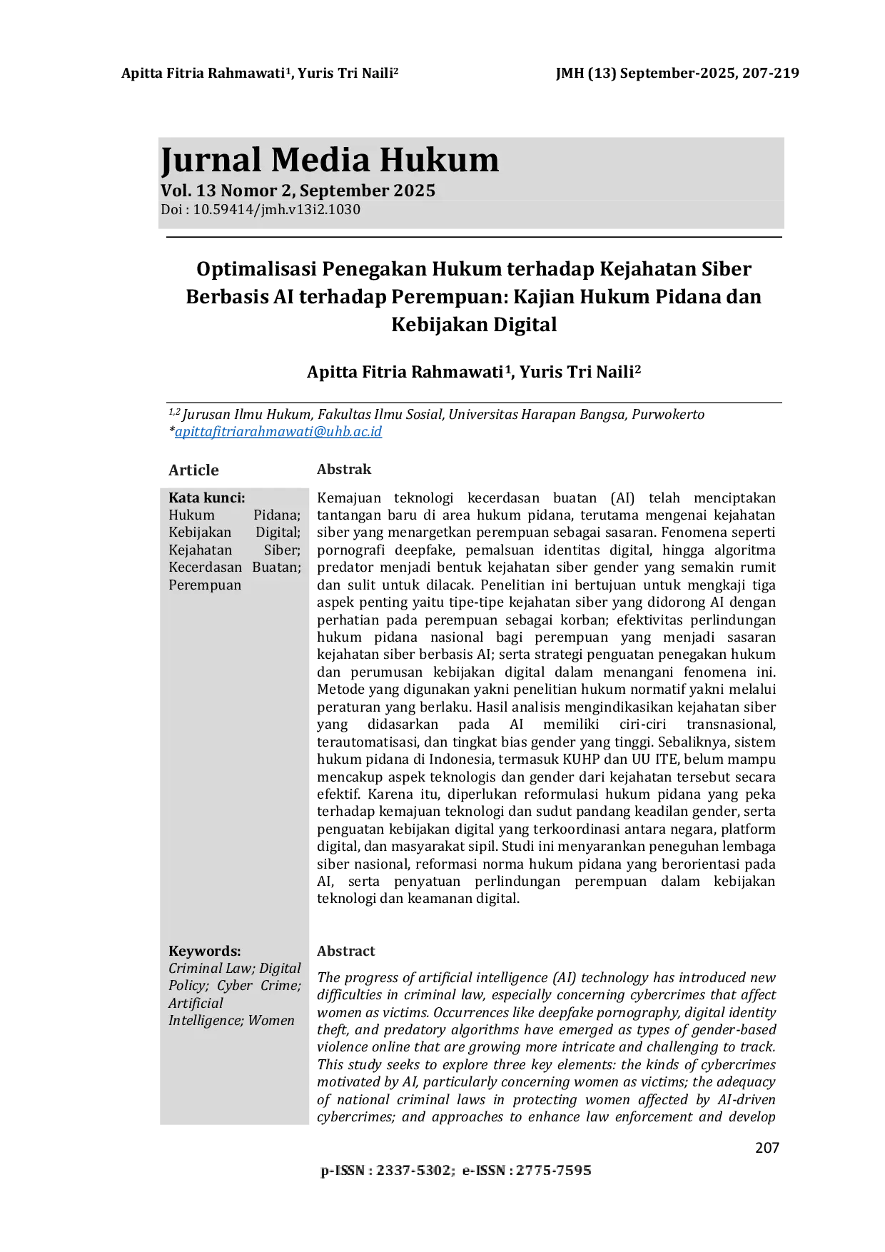 JURIS Optimalisasi Penegakan Hukum terhadap Kejahatan Siber Berbasis AI terhadap Perempuan Kajian Hukum Pidana dan Kebijakan Digital Optimizing Law Enforcement against AI Based Cybercrimes against Women