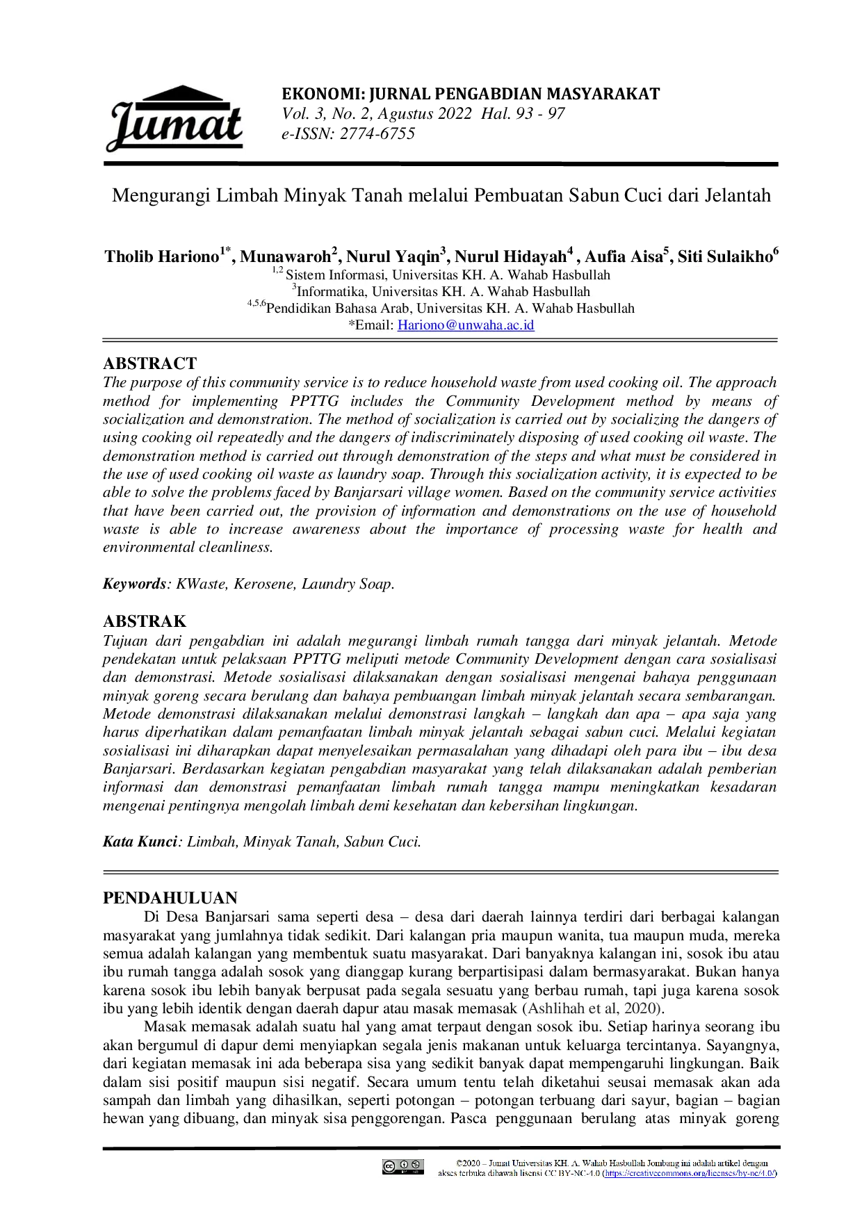 JURIS Mengurangi Limbah Minyak Tanah melalui Pembuatan Sabun Cuci dari Jelantah