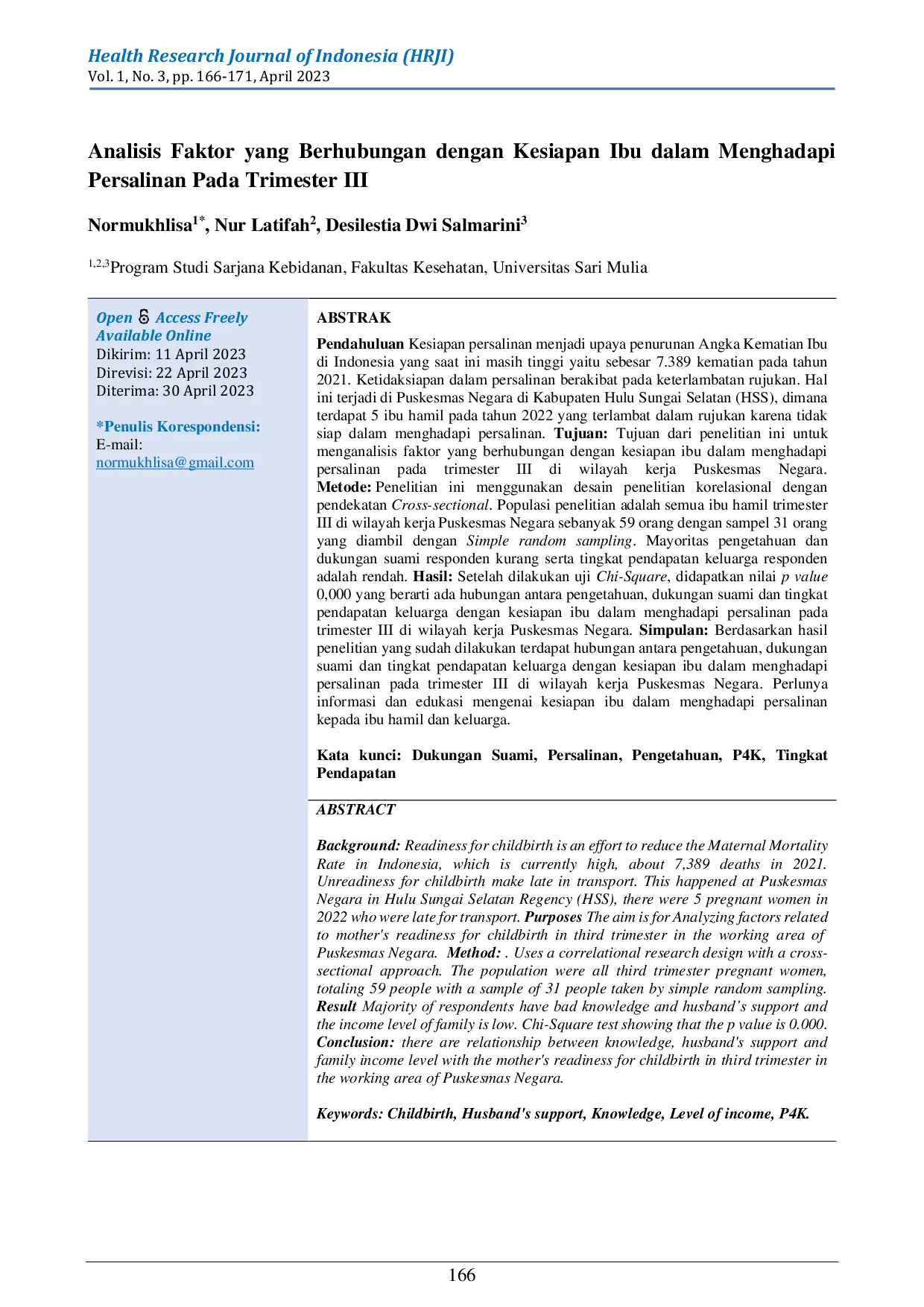 JURIS Analisis Faktor yang Berhubungan dengan Kesiapan Ibu dalam Menghadapi Persalinan Pada Trimester III