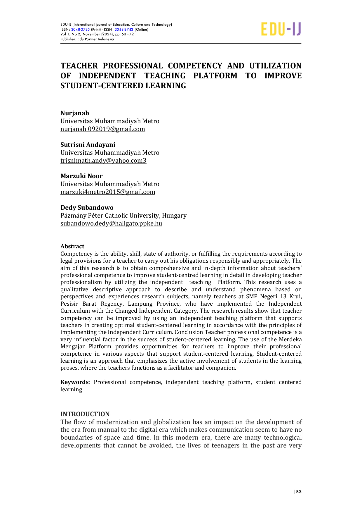 juris Teacher Professional Competency And Utilization Of Independent Teaching Platform To Improve Student Centered Learning