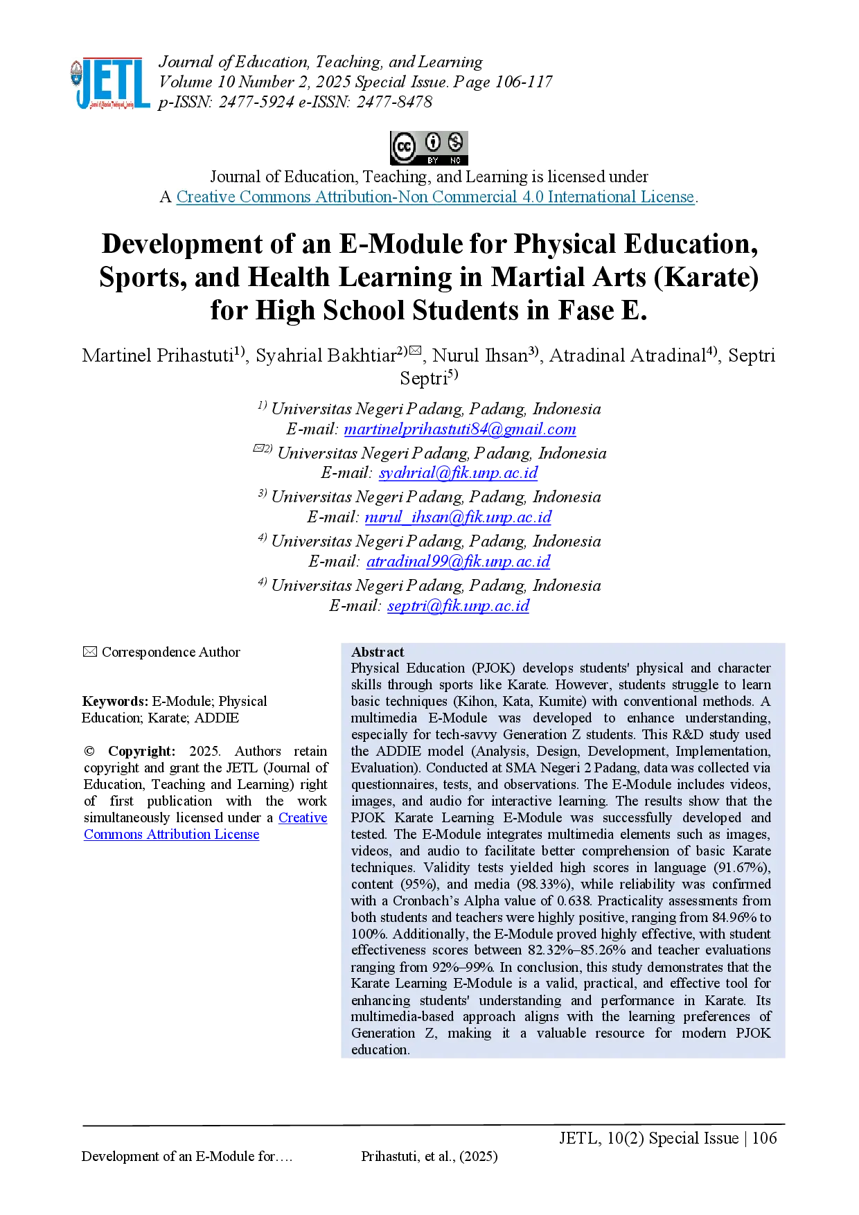 juris Development of an E Module for Physical Education Sports and Health Learning in Martial Arts Karate for High School Students in Fase E