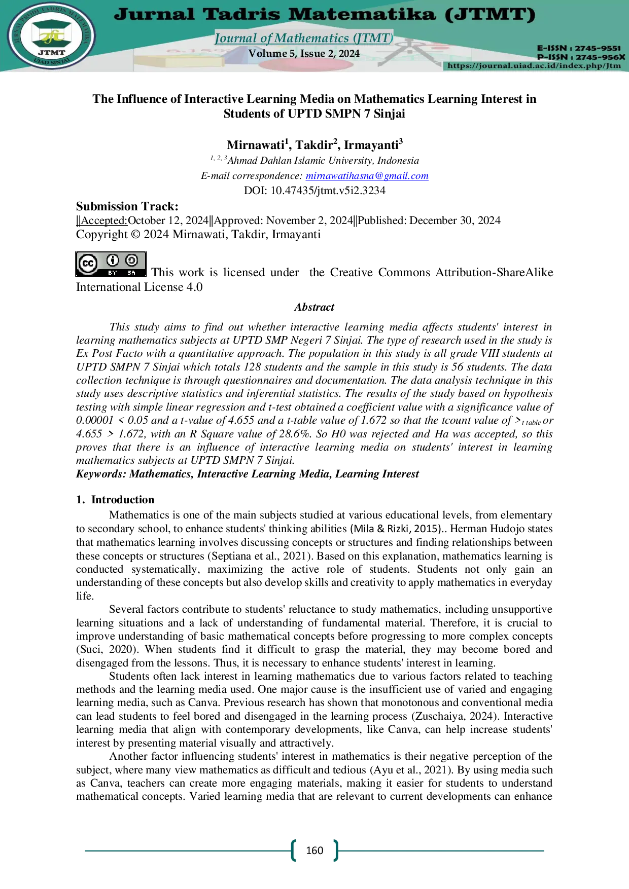 JURIS The Influence Of Interactive Learning Media On Mathematics Learning Interest In Students Of Uptd Smpn 7 Sinjai