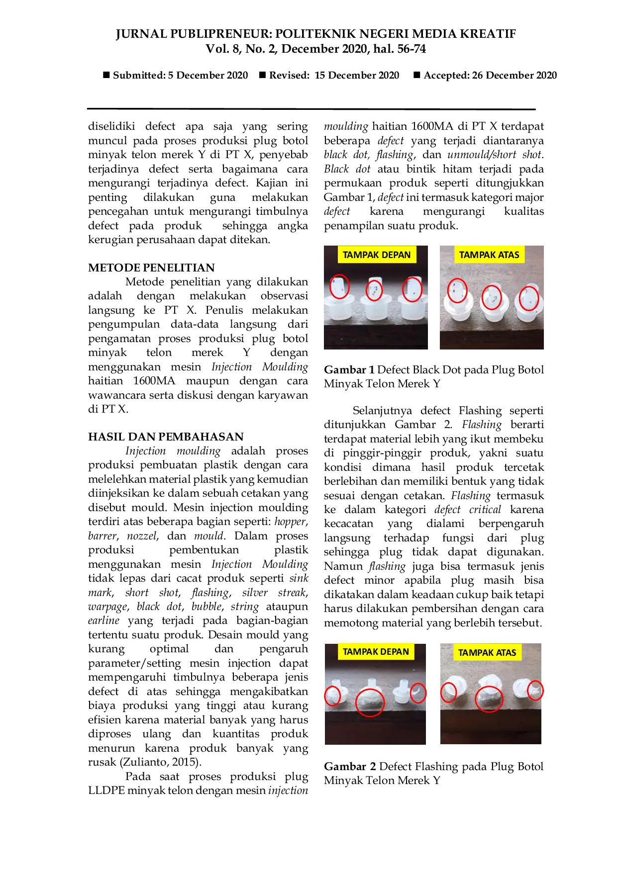 JURIS Kajian Defect Pada Plug LLDPE Produk Minyak Telon Dengan Mesin Injection Moulding Haitian 1600MA Di PT X
