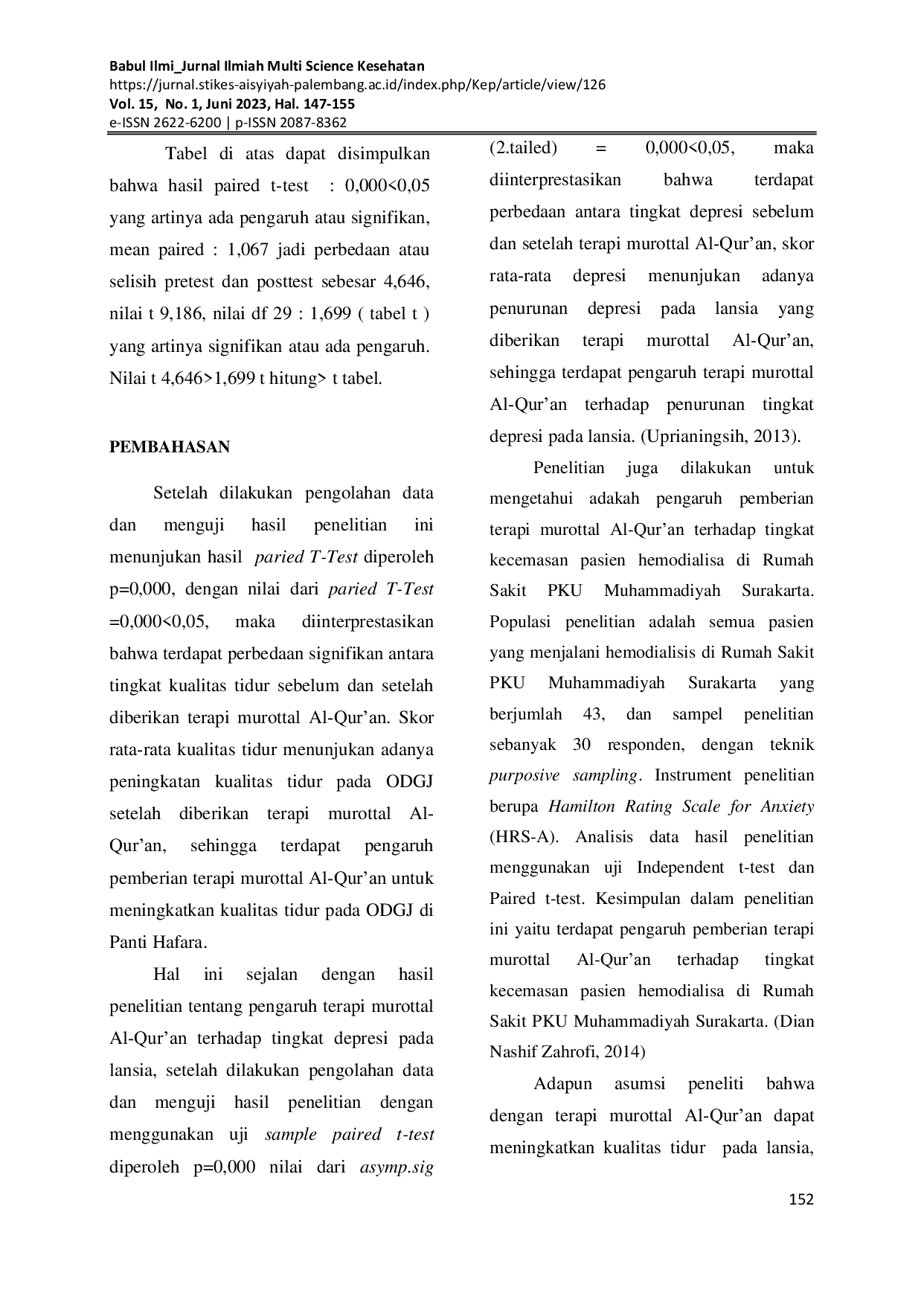 JURIS Pengaruh Terapi Murottal Al Qur an Terhadap Kualitas Tidur Pada Orang Dengan Gangguan Jiwa ODGJ