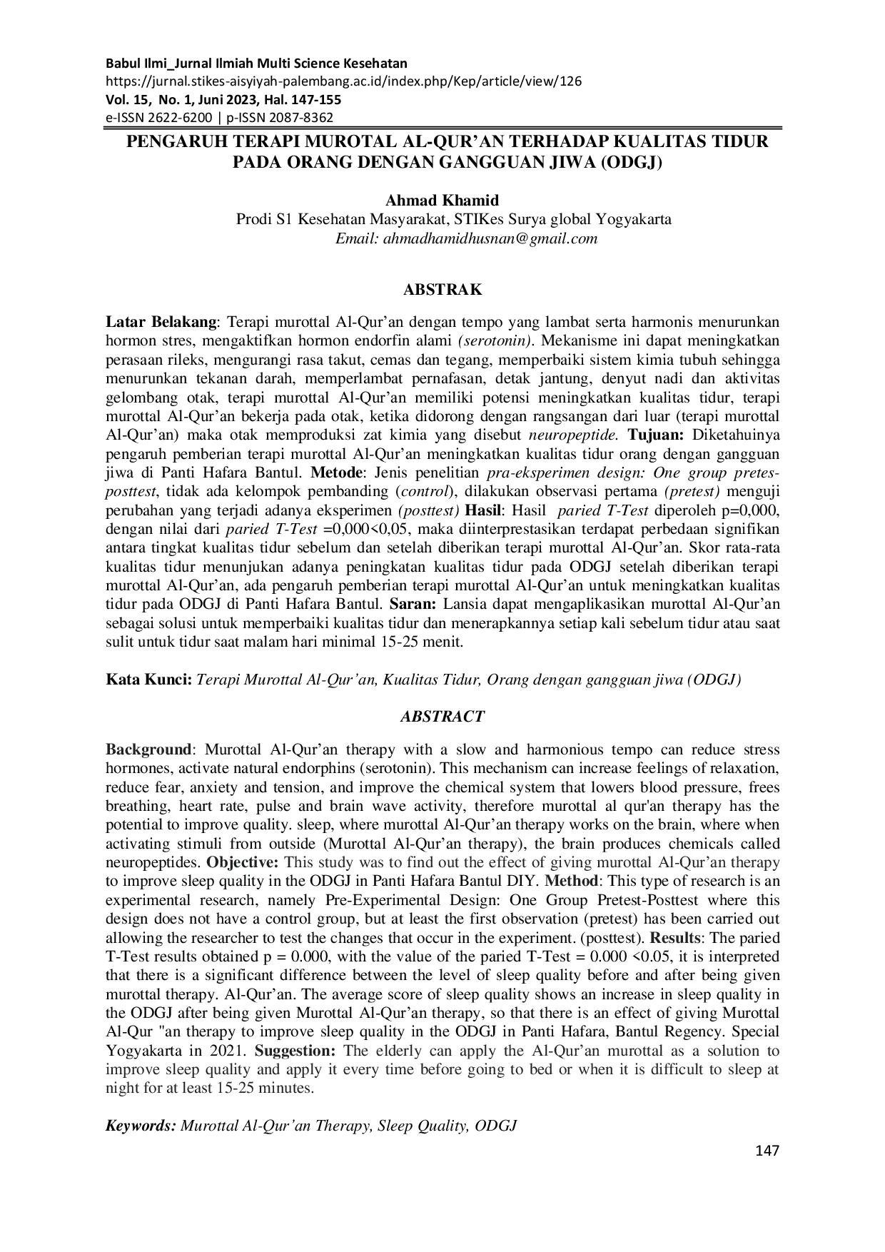 JURIS Pengaruh Terapi Murottal Al Qur an Terhadap Kualitas Tidur Pada Orang Dengan Gangguan Jiwa ODGJ