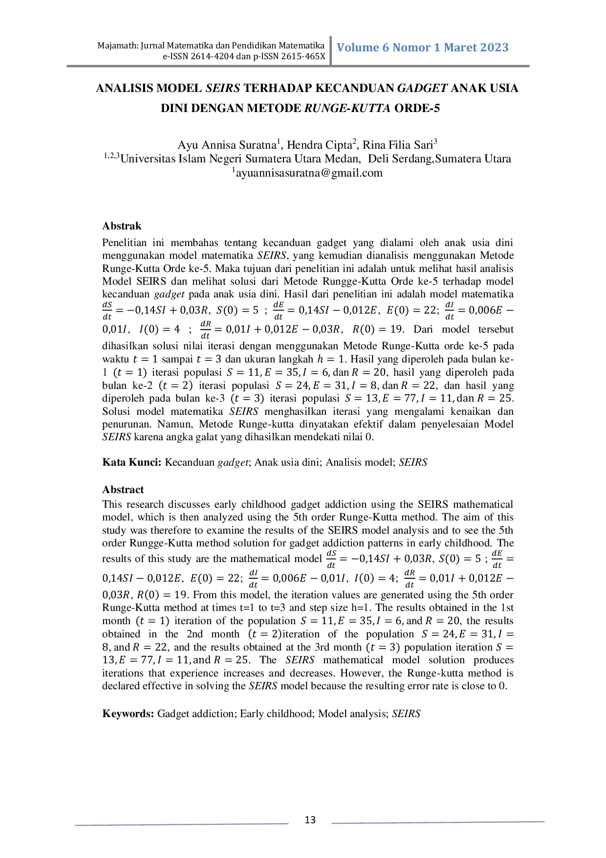 JURIS Analisis Model Seirs terhadap Kecanduan Gadget Anak Usia Dini dengan Metode Runge Kutta Orde 5