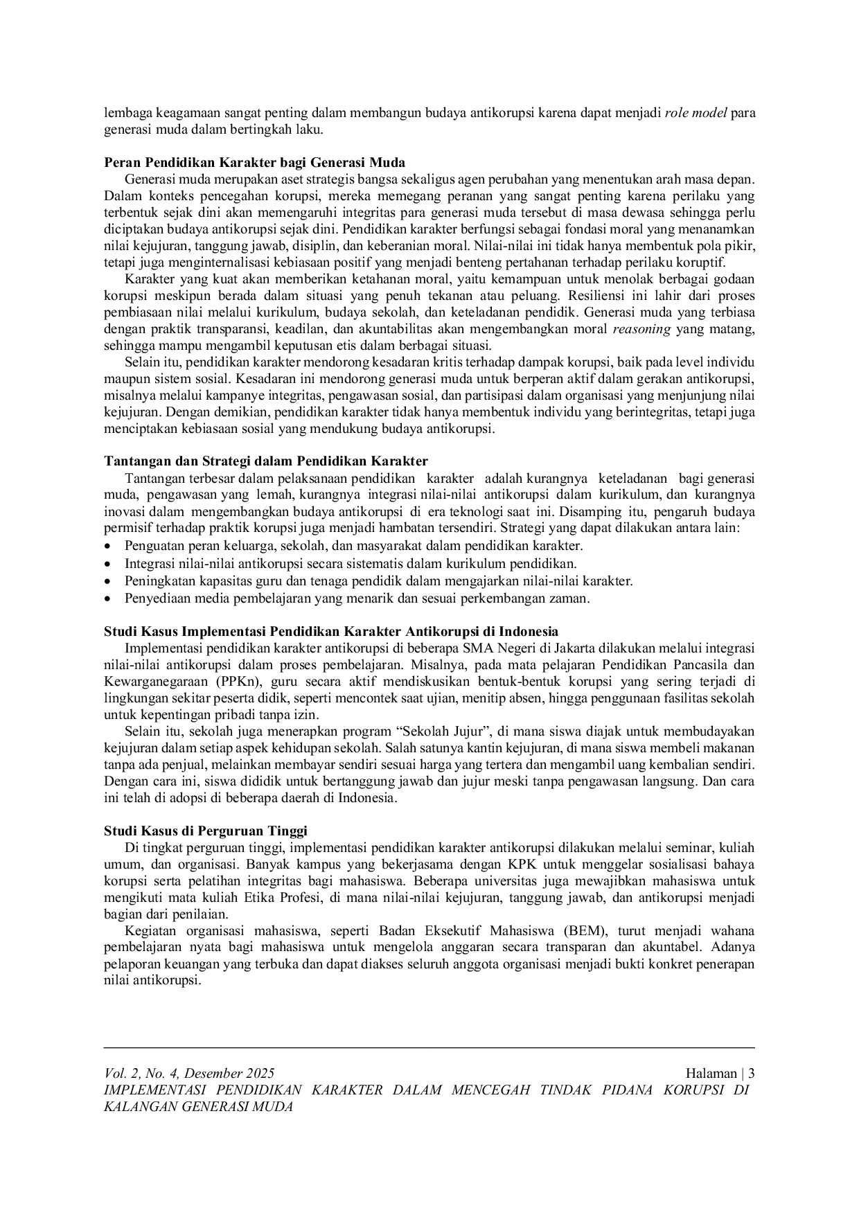 JURIS Implementasi Pendidikan Karakter dalam Mencegah Tindak Pidana Korupsi di Kalangan Generasi Muda