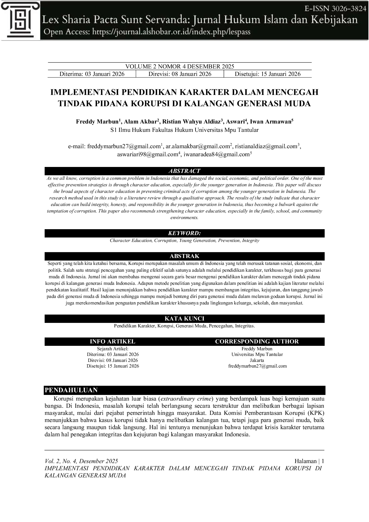 JURIS Implementasi Pendidikan Karakter dalam Mencegah Tindak Pidana Korupsi di Kalangan Generasi Muda