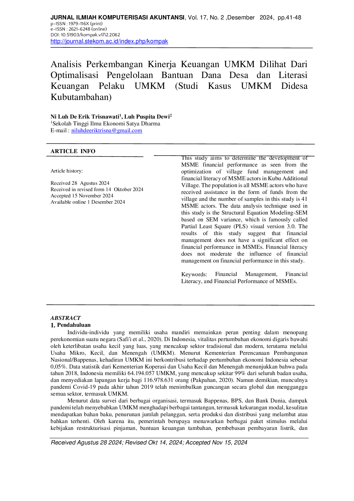 JURIS Analisis Perkembangan Kinerja Keuangan UMKM Dilihat Dari Optimalisasi Pengelolaan Bantuan Dana Desa dan Literasi Keuangan Pelaku UMKM Studi Kasus UMKM Didesa Kubutambahan