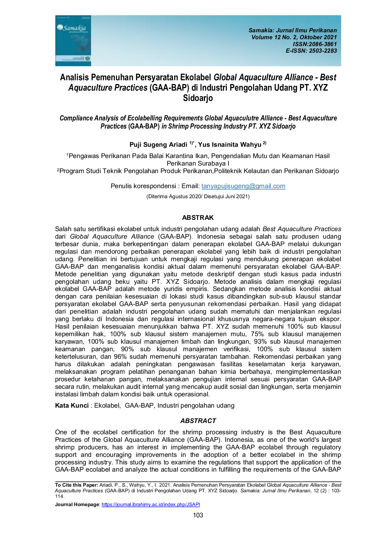 JURIS Analisis Pemenuhan Persyaratan Ekolabel Global Aquaculture Alliance Best Aquaculture Practices GAA BAP di Industri Pengolahan Udang PT XYZ Sidoarjo