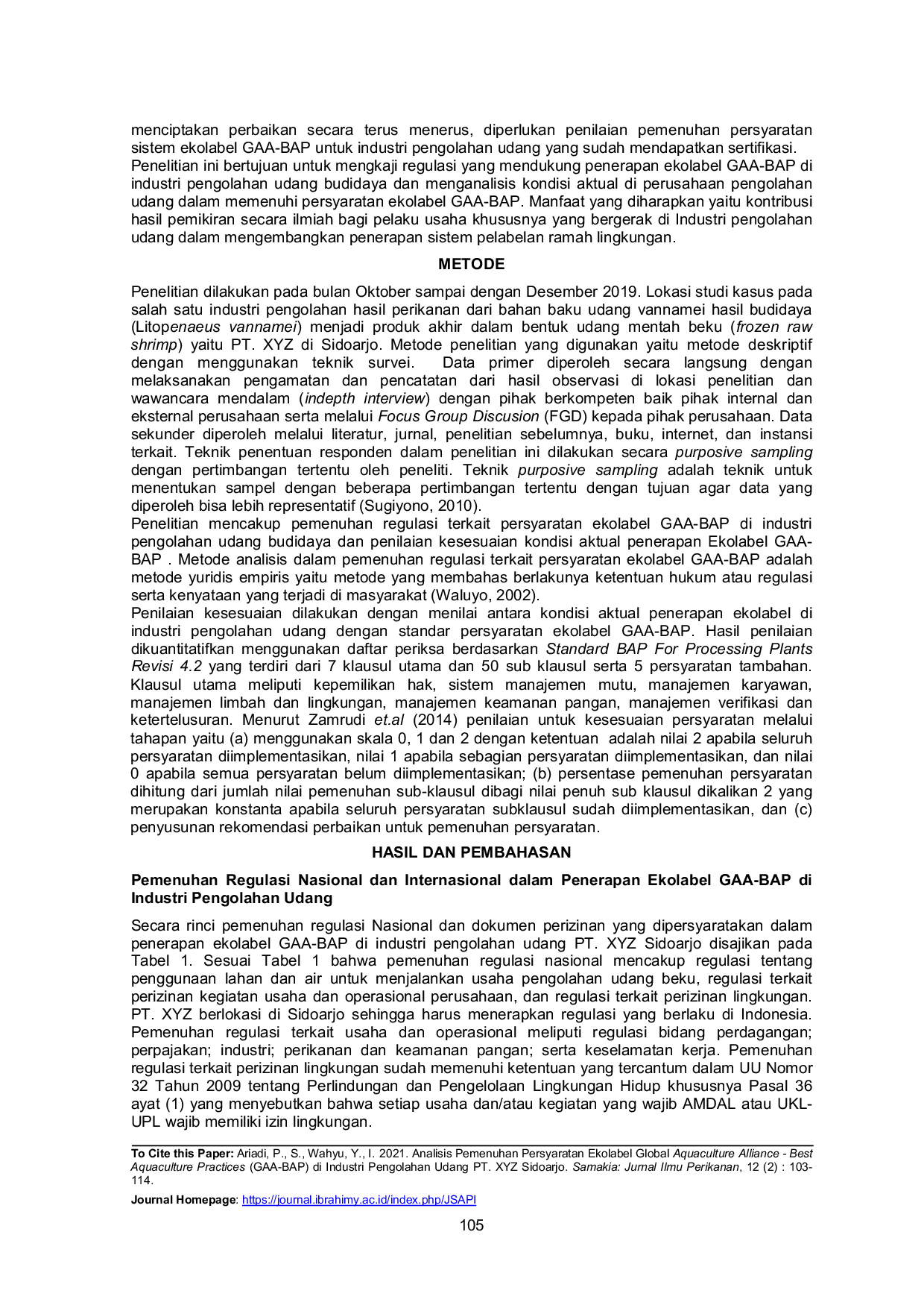 JURIS Analisis Pemenuhan Persyaratan Ekolabel Global Aquaculture Alliance Best Aquaculture Practices GAA BAP di Industri Pengolahan Udang PT XYZ Sidoarjo