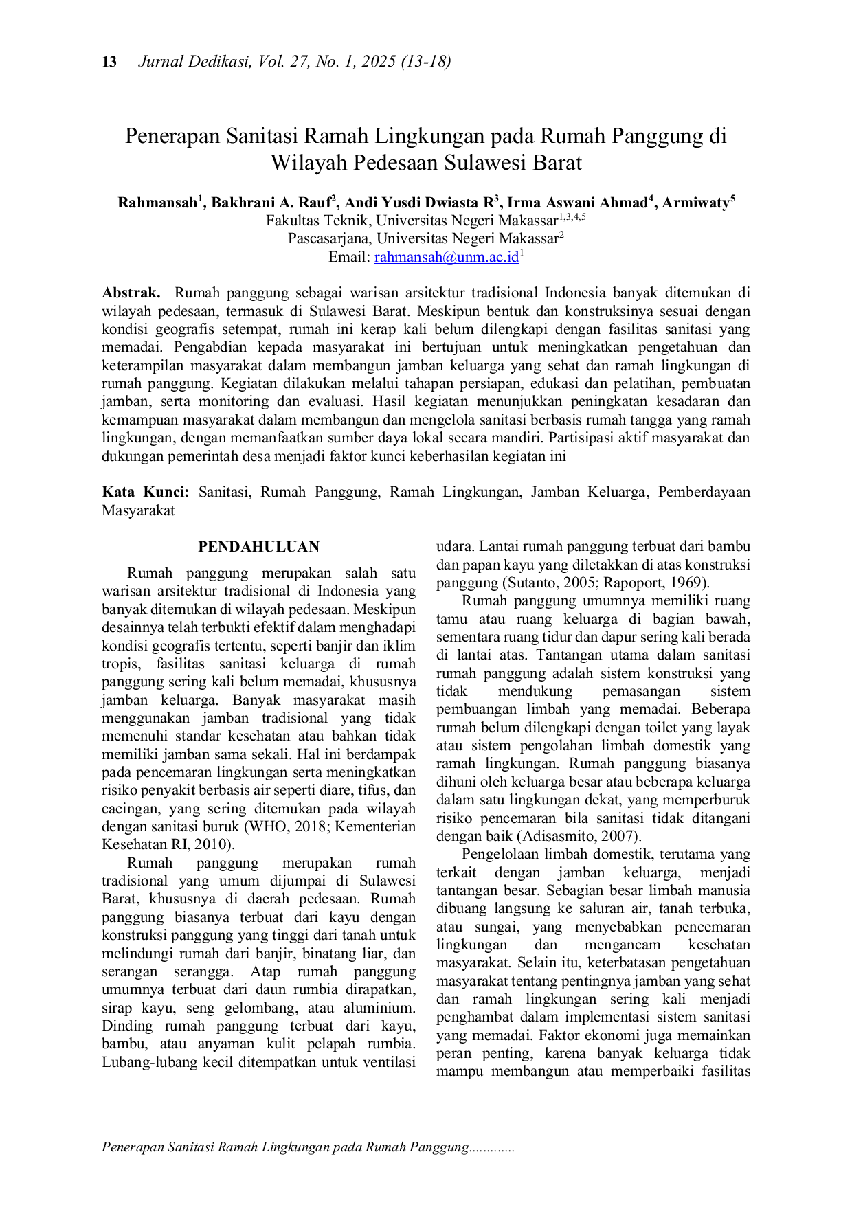 JURIS Penerapan Sanitasi Ramah Lingkungan pada Rumah Panggung di Wilayah Pedesaan Sulawesi Barat