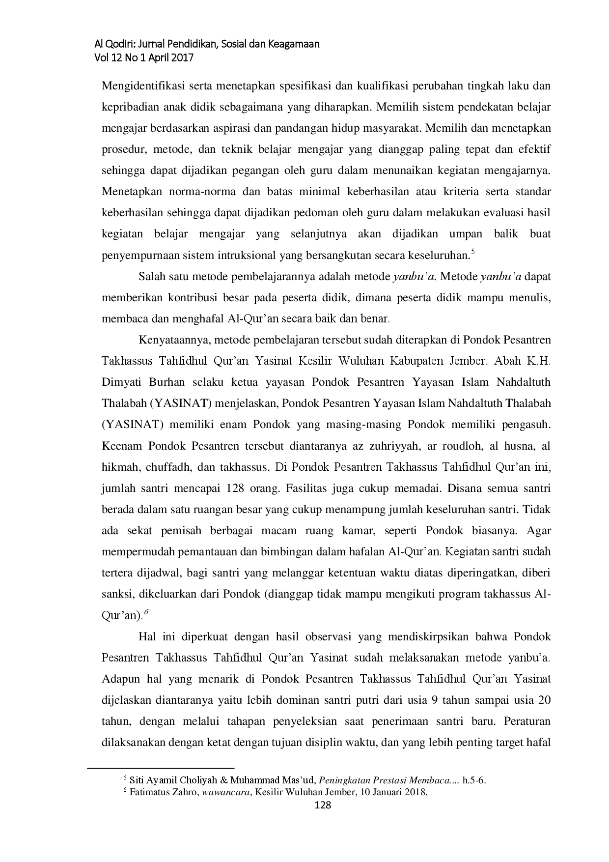 juris Implementasi Metode Yanbu a dalam Pembelajaran Al Qur an di Pondok Pesantren Takhassus Tahfidhul Qur an Yasinat Kesilir Wuluhan Kabupaten Jember Tahun 2017