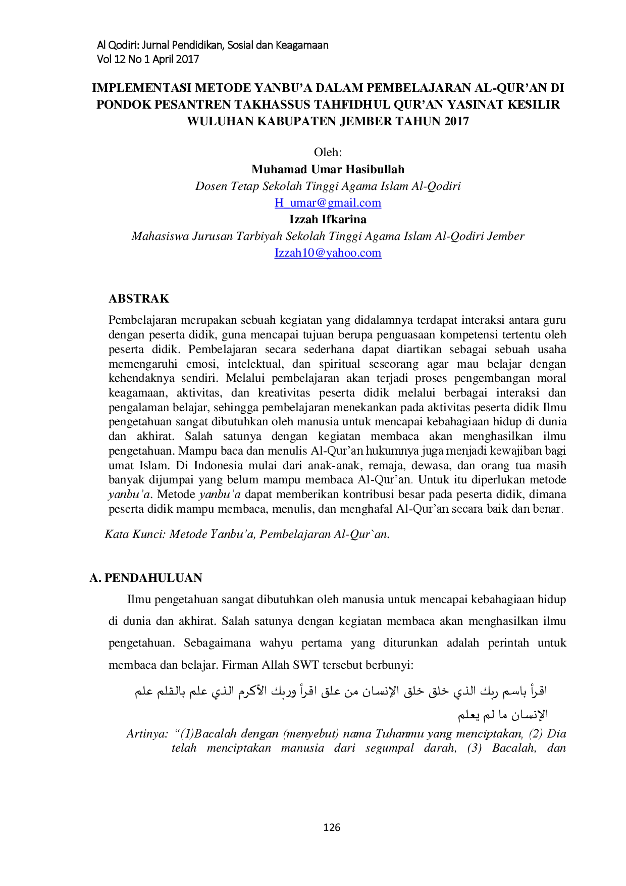 juris Implementasi Metode Yanbu a dalam Pembelajaran Al Qur an di Pondok Pesantren Takhassus Tahfidhul Qur an Yasinat Kesilir Wuluhan Kabupaten Jember Tahun 2017