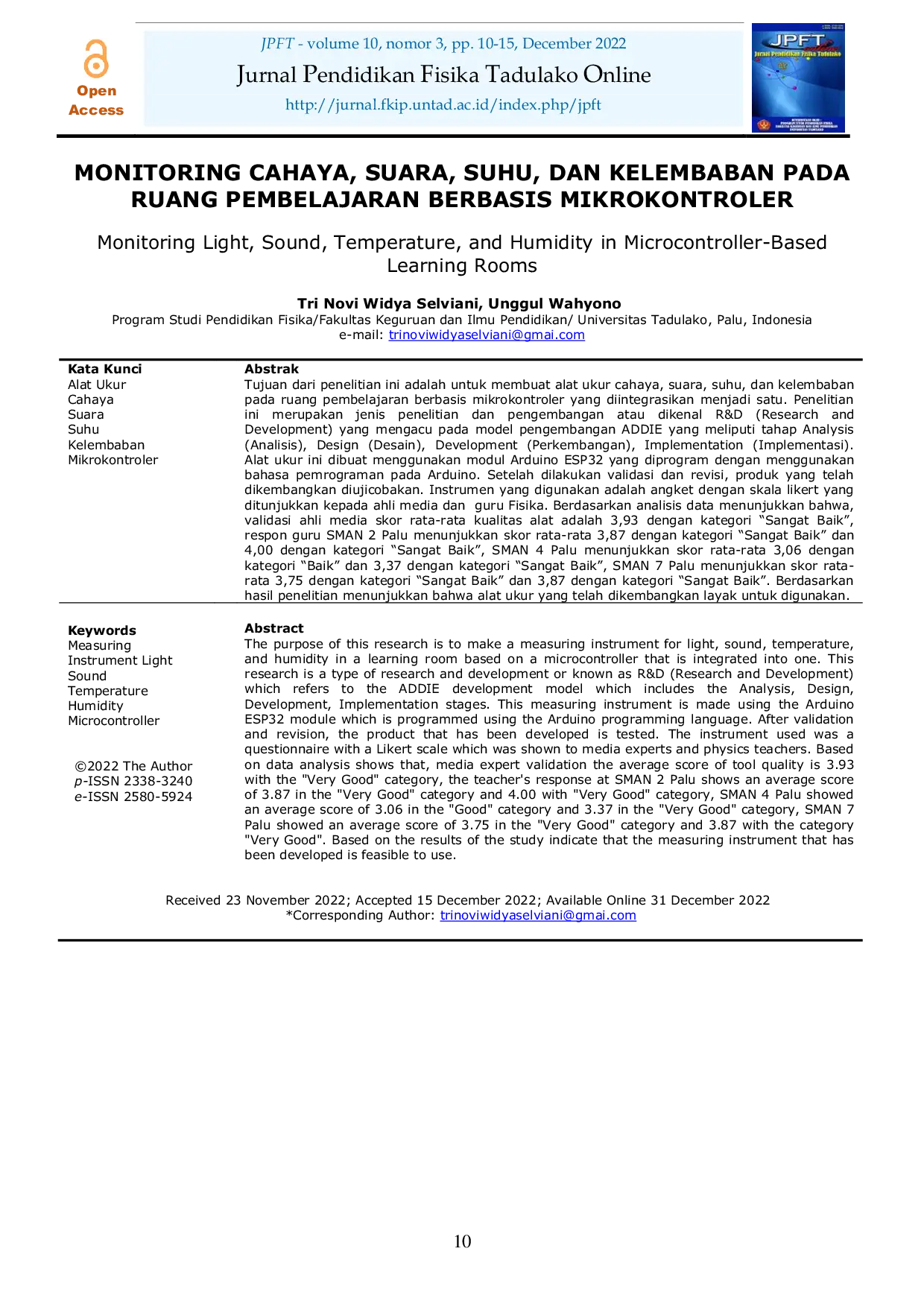 JURIS Monitoring Cahaya Suara Suhu Dan Kelembaban Pada Ruang Pembelajaran Berbasis Mikrokontroler