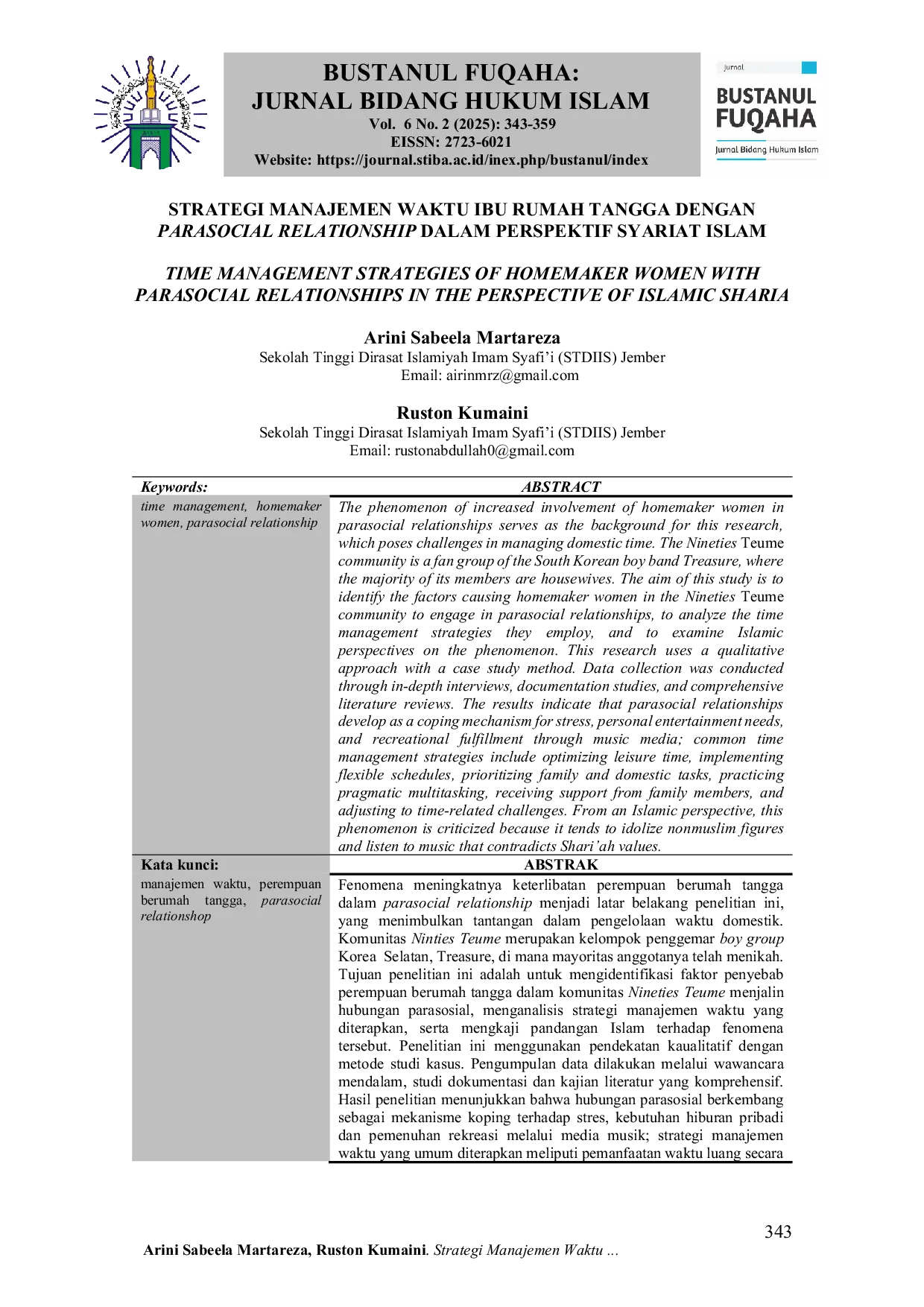 JURIS Strategi Manajemen Waktu Ibu Rumah Tangga dengan Parasocial Relationship dalam Perspektif Syariat Islam Time Management Strategies of Homemaker Women with Parasocial Relationships in the Perspective