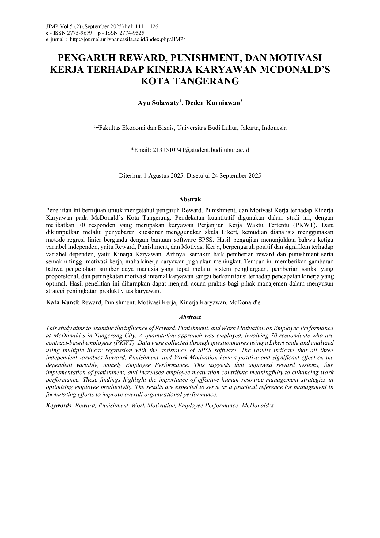 JURIS Pengaruh Reward Punishment dan Motivasi Kerja Terhadap Kinerja Karyawan McDonald s Kota Tangerang