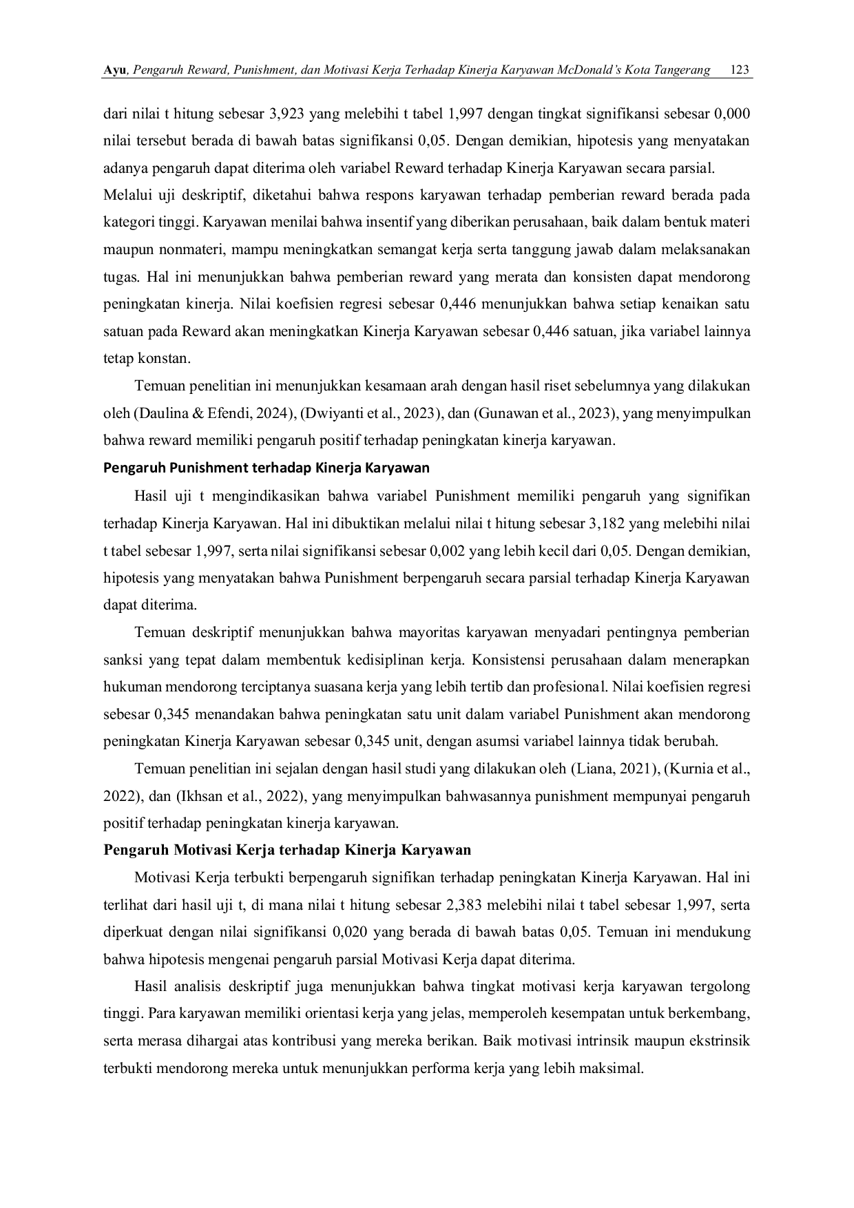 JURIS Pengaruh Reward Punishment dan Motivasi Kerja Terhadap Kinerja Karyawan McDonald s Kota Tangerang