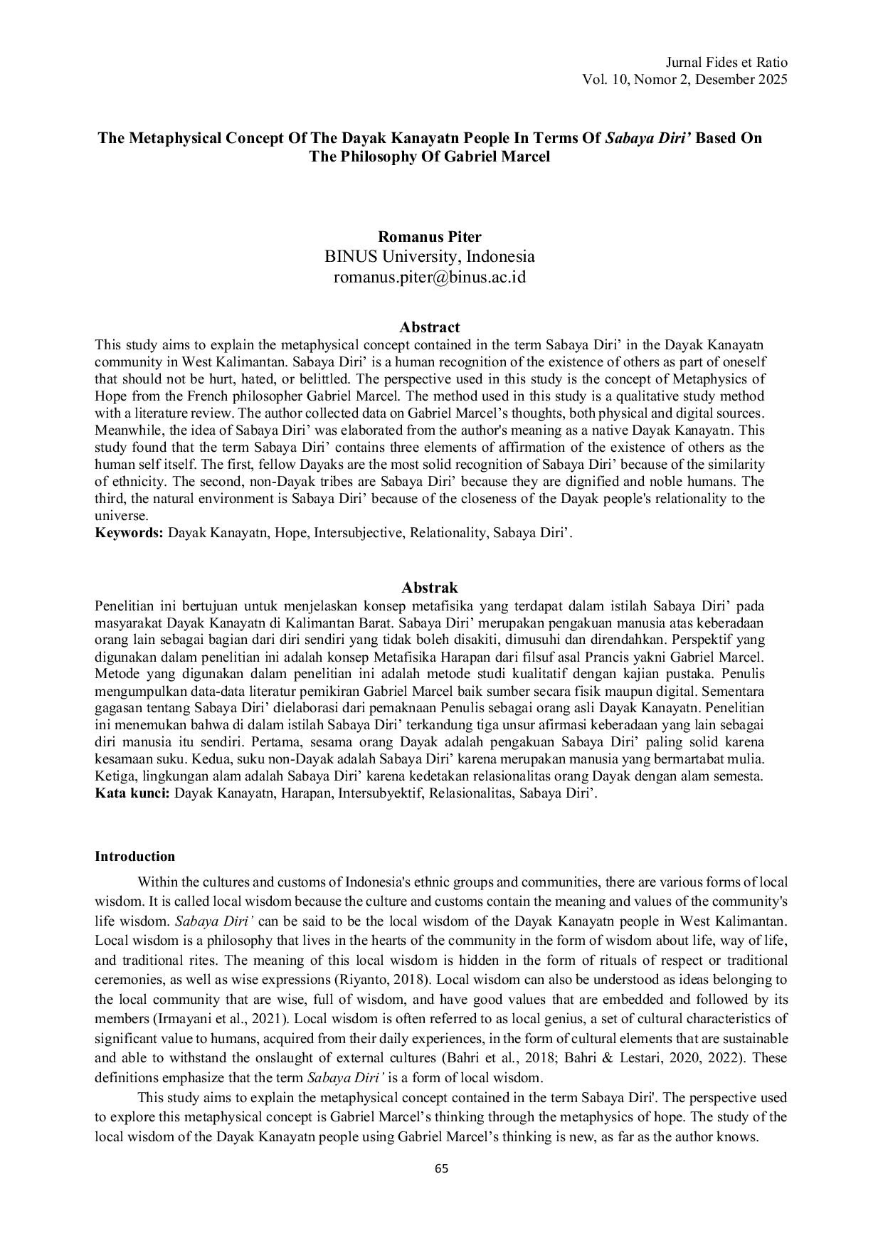 JURIS The Metaphysical Concept Of The Dayak Kanayatn People In Terms Of Sabaya Diri Based On The Philosophy Of Gabriel Marcel