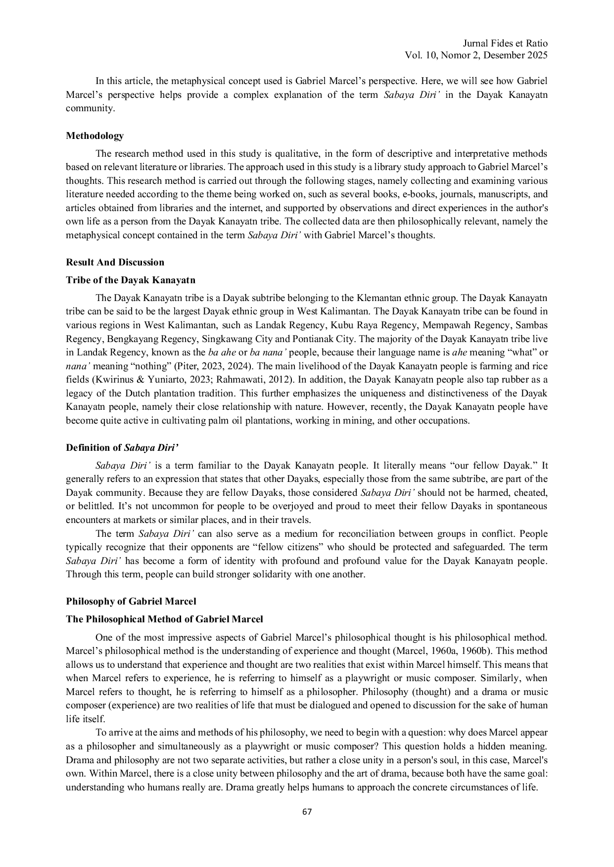 JURIS The Metaphysical Concept Of The Dayak Kanayatn People In Terms Of Sabaya Diri Based On The Philosophy Of Gabriel Marcel