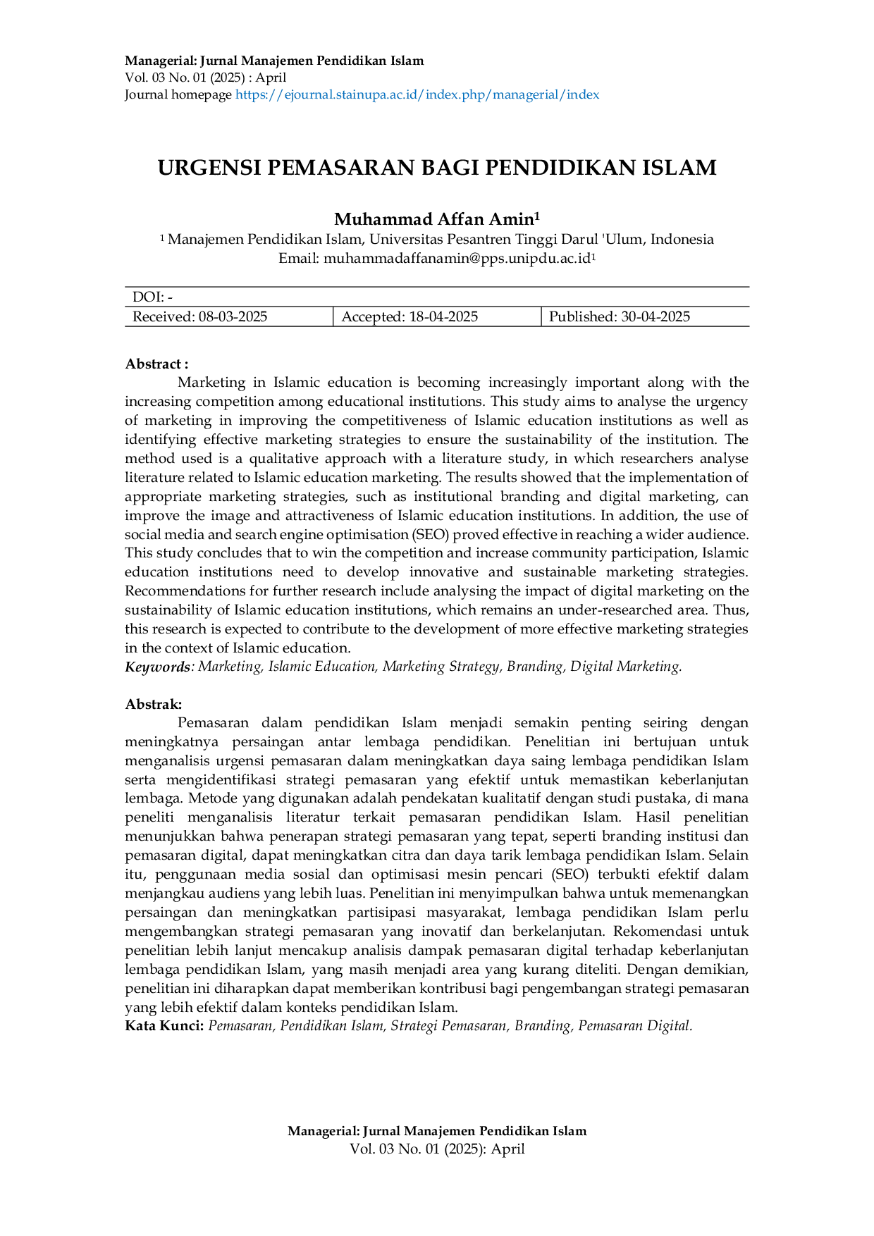 JURIS Urgensi Pemasaran Bagi Pendidikan Islam