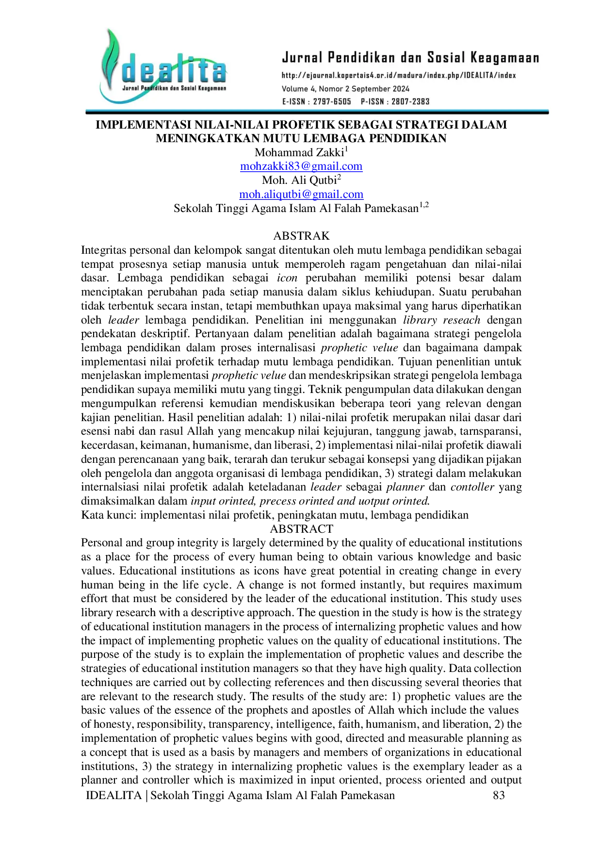 JURIS Implementasi Nilai Nilai Profetik Sebagai Strategi Dalam Meningkatkan Mutu Lembaga Pendidikan