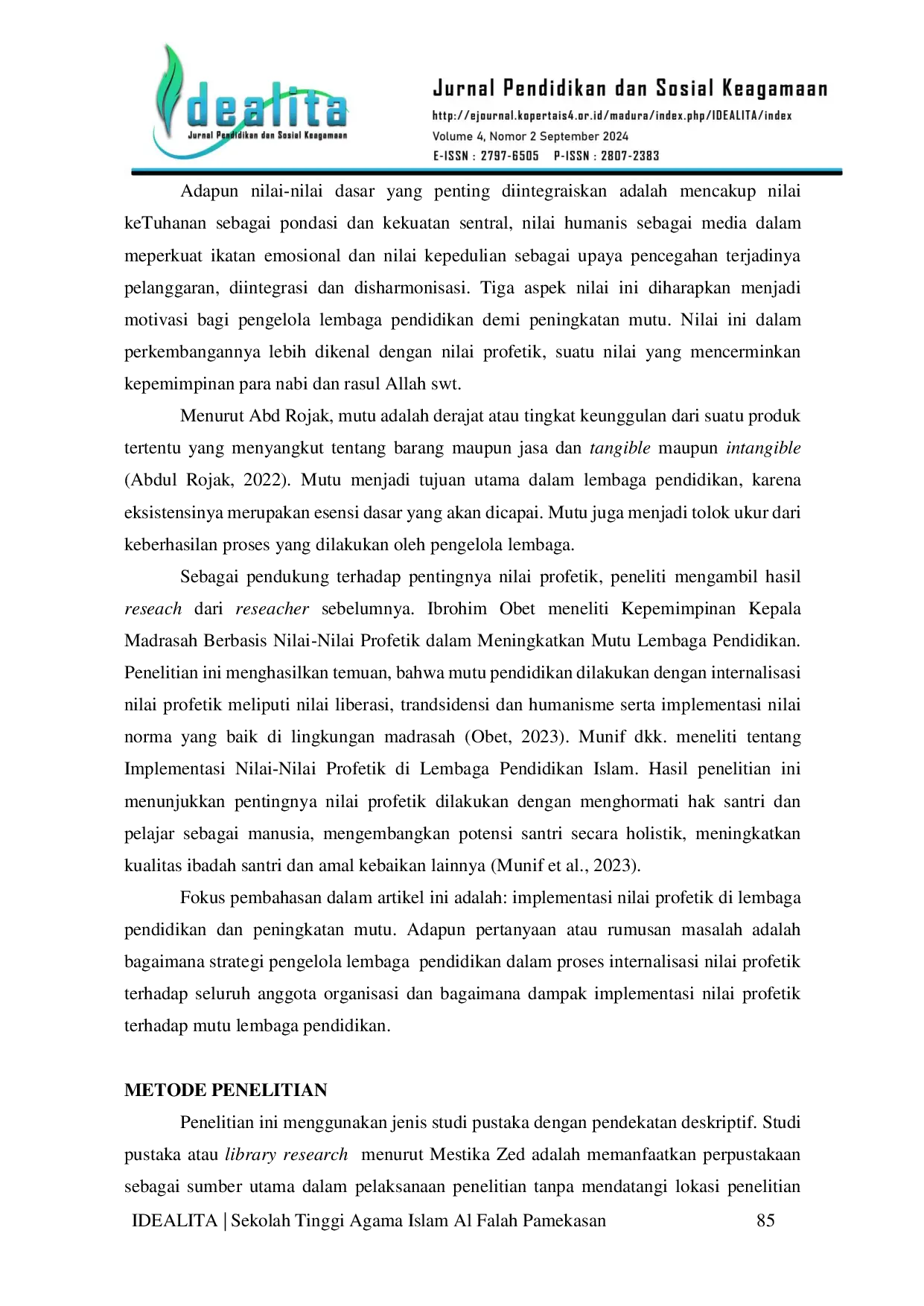 JURIS Implementasi Nilai Nilai Profetik Sebagai Strategi Dalam Meningkatkan Mutu Lembaga Pendidikan