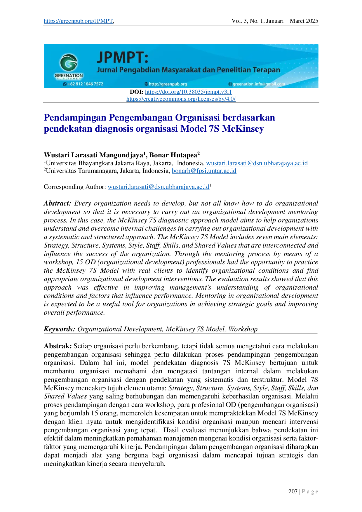 juris Pendampingan Pengembangan Organisasi Berdasarkan Pendekatan Diagnosis Organisasi Model 7S Mckinsey