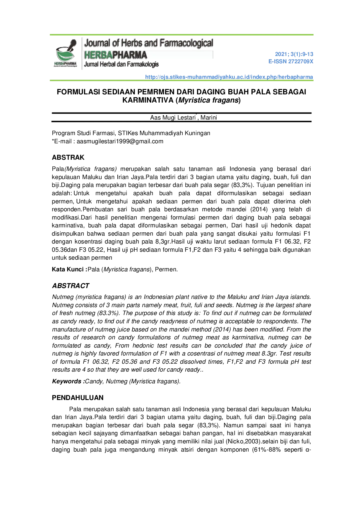 JURIS FORMULASI SEDIAAN PERMEN DARI DAGING BUAH PALA SEBAGAI KARMINATIVA Myristica fragans
