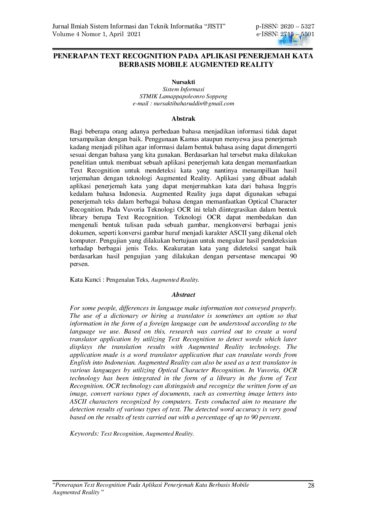 JURIS Penerapan Text Recognition Pada Aplikasi Penerjemah Kata Berbasis Mobile Augmented Reality