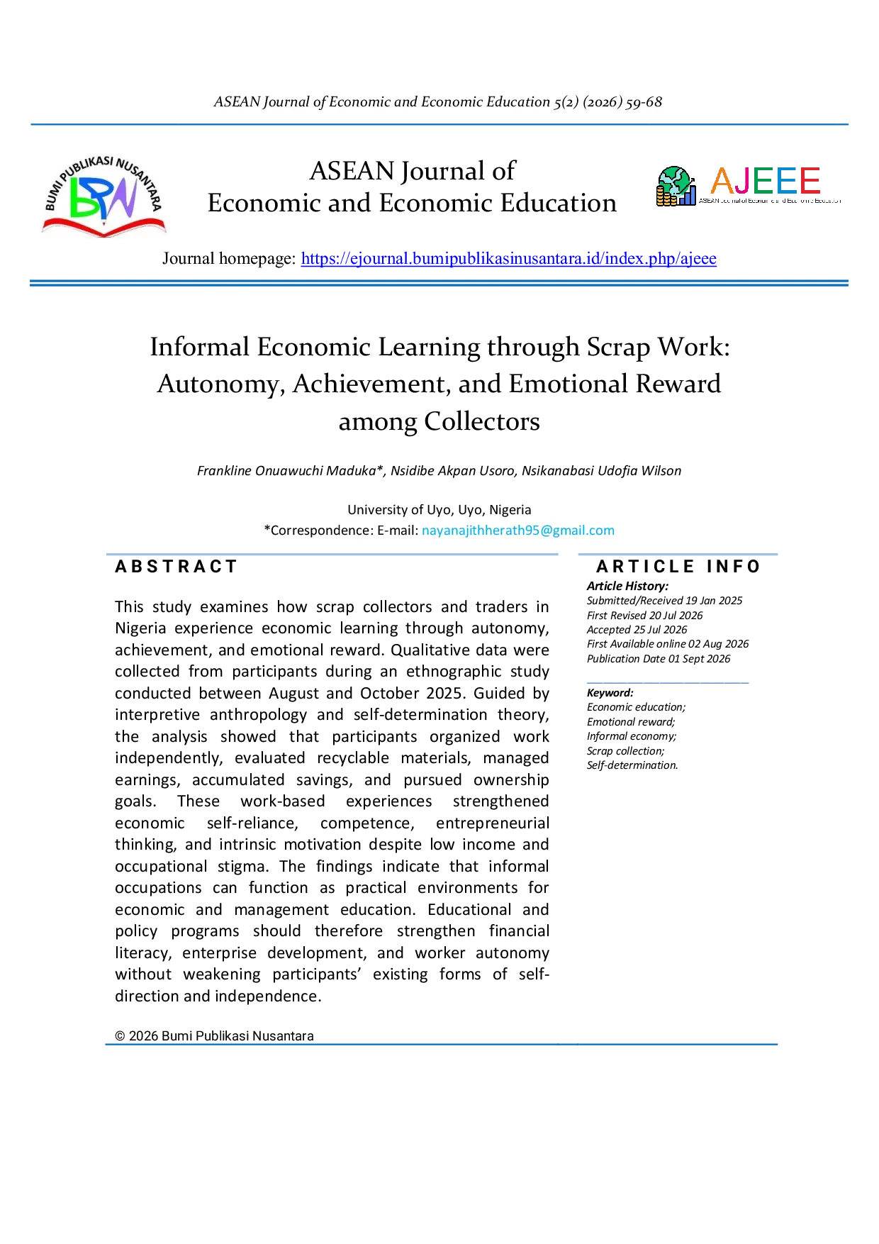 JURIS Informal Economic Learning through Scrap Work Autonomy Achievement and Emotional Reward among Collectors