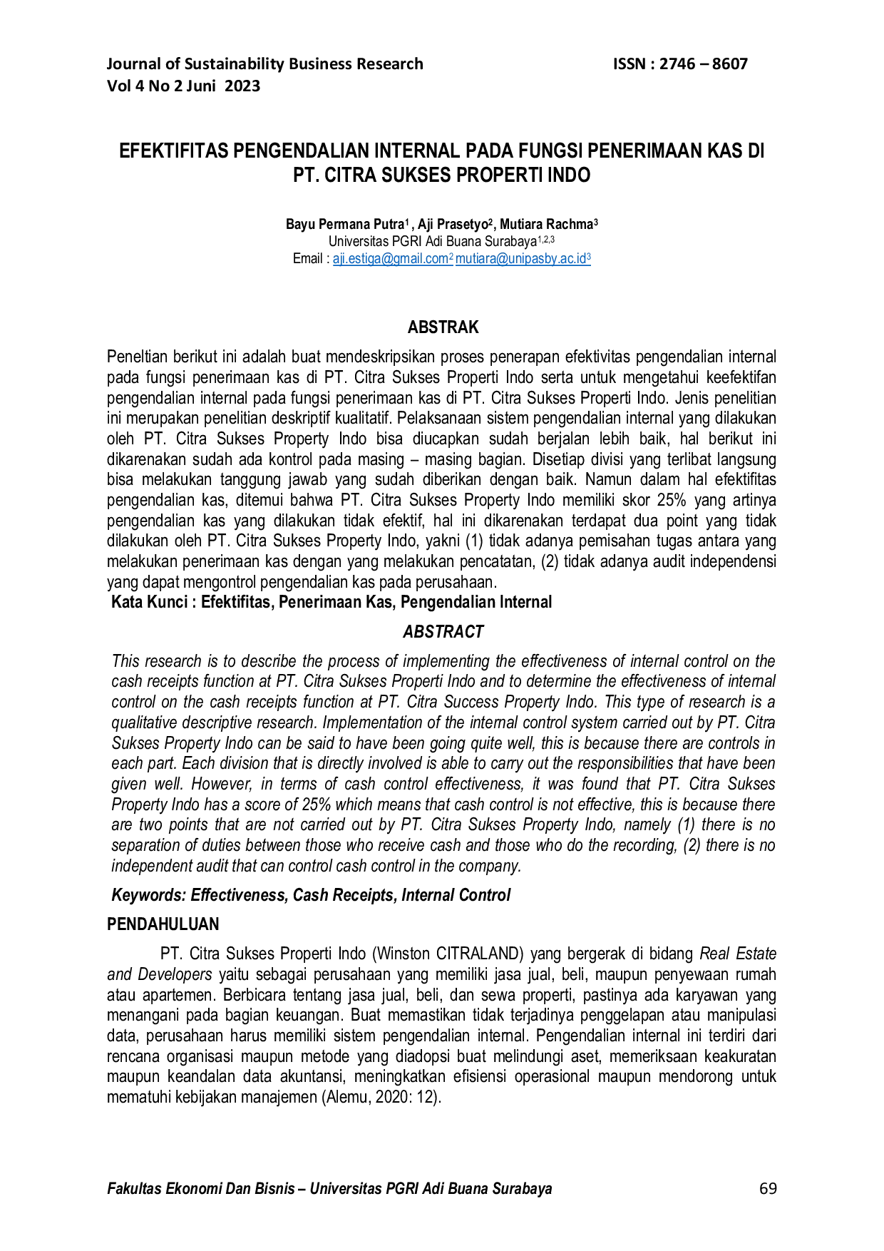 JURIS Efektivitas Pengendalian Internal Pada Fungsi Penerimaan Kas Di PT Citra Sukses Properti Indo