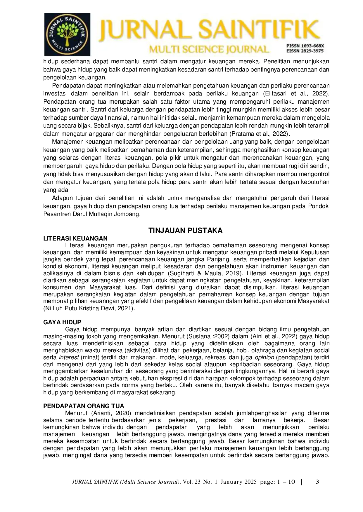 JURIS Pengaruh Literasi Keuangan Gaya Hidup Dan Pendapatan Orang Tua Terhadap Perilaku Manajemen Keuangan Santri Pondok Pesantren Darul Muttaqin Jombang