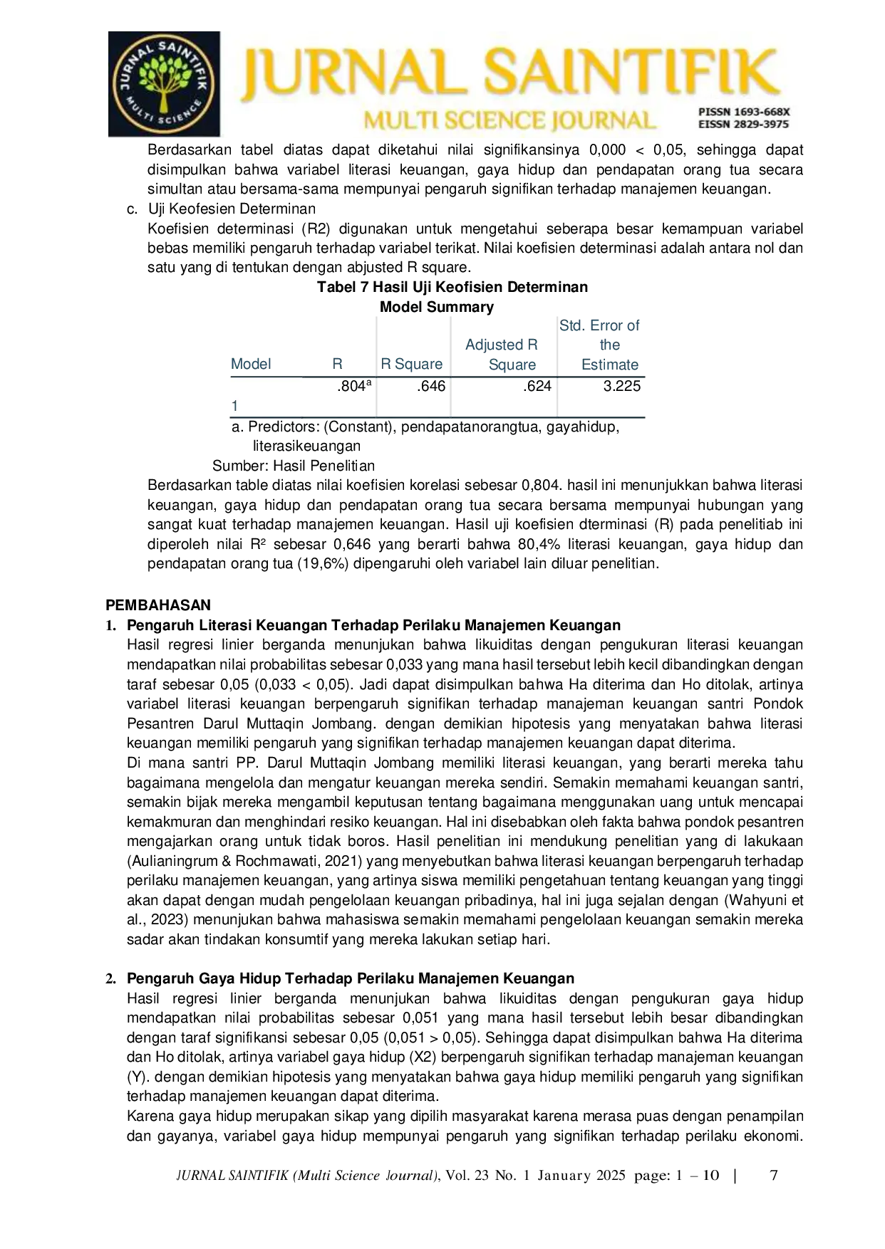 JURIS Pengaruh Literasi Keuangan Gaya Hidup Dan Pendapatan Orang Tua Terhadap Perilaku Manajemen Keuangan Santri Pondok Pesantren Darul Muttaqin Jombang