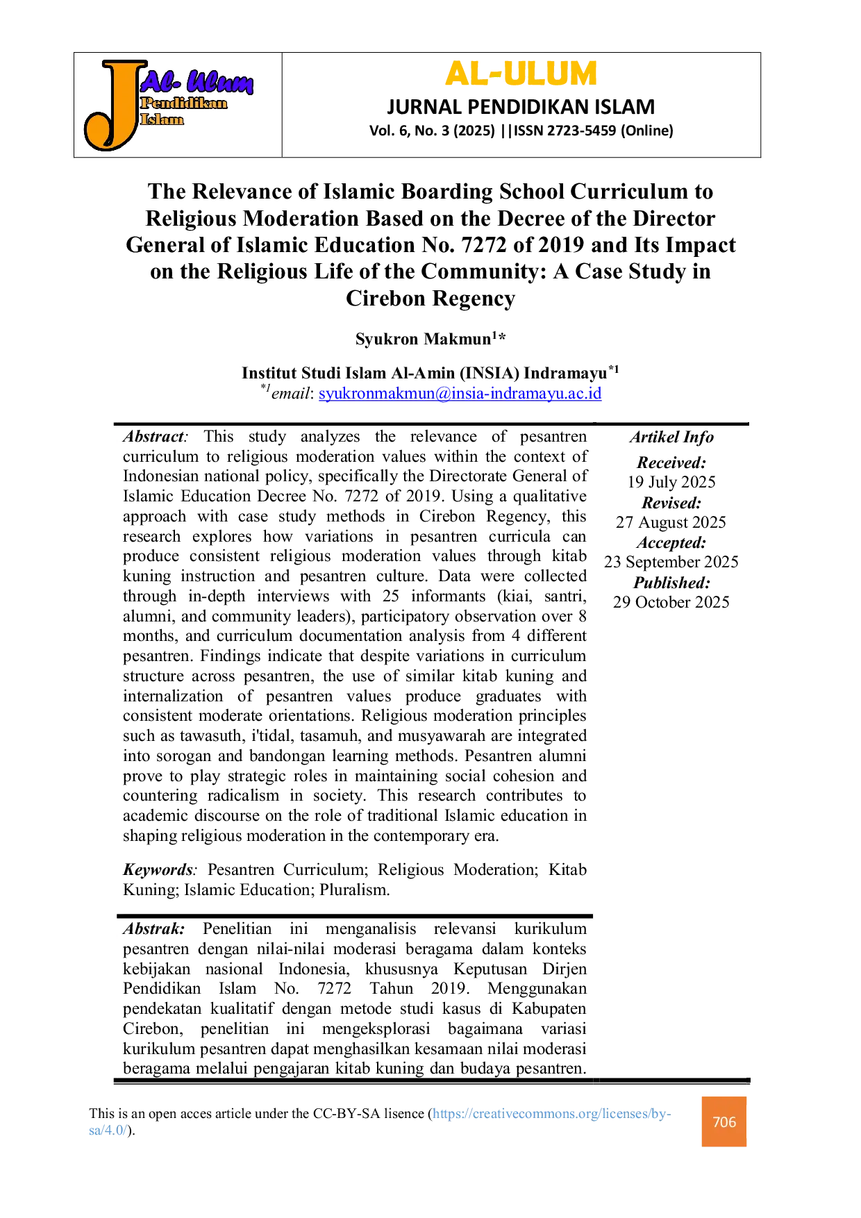 JURIS The Relevance of Islamic Boarding School Curriculum to Religious Moderation Based on the Decree of the Director General of Islamic Education No 7272 of 2019 and Its Impact on the Religious Life of th