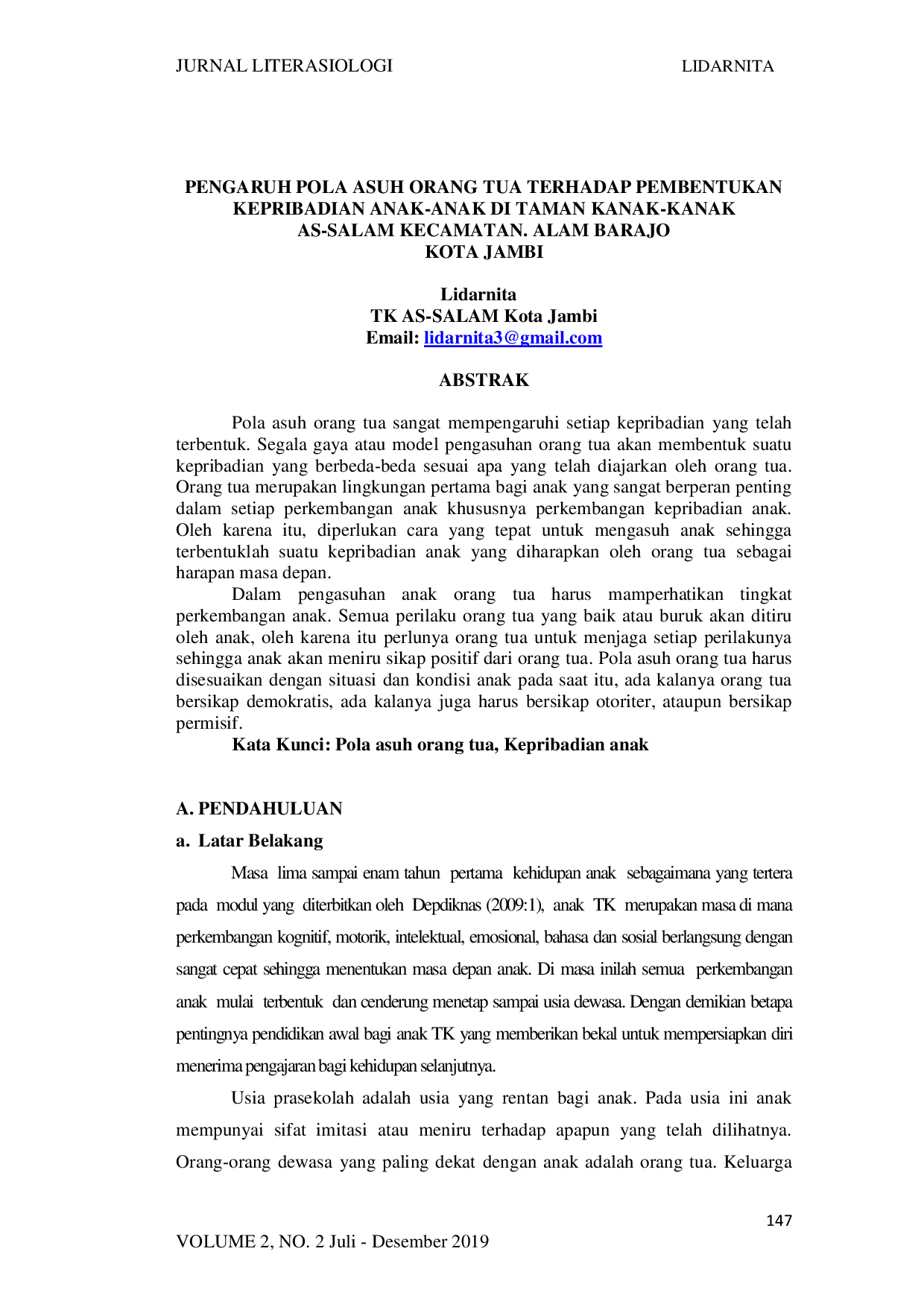 juris Pengaruh Pola Asuh Orang Tua Terhadap Pembentukan Kepribadian Anak Anak di Taman Kanak Kanak As Salam Kecamatan Alam Barajo Kota Jambi