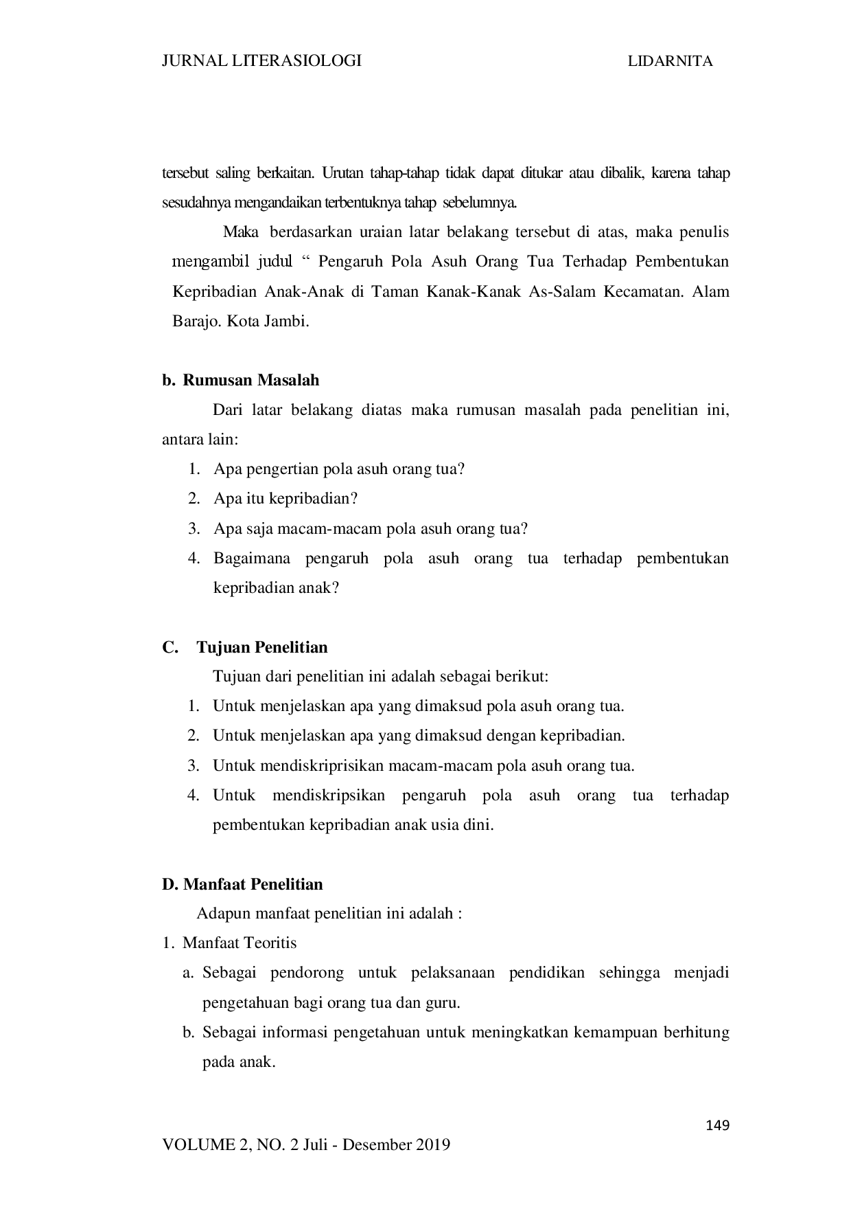 juris Pengaruh Pola Asuh Orang Tua Terhadap Pembentukan Kepribadian Anak Anak di Taman Kanak Kanak As Salam Kecamatan Alam Barajo Kota Jambi