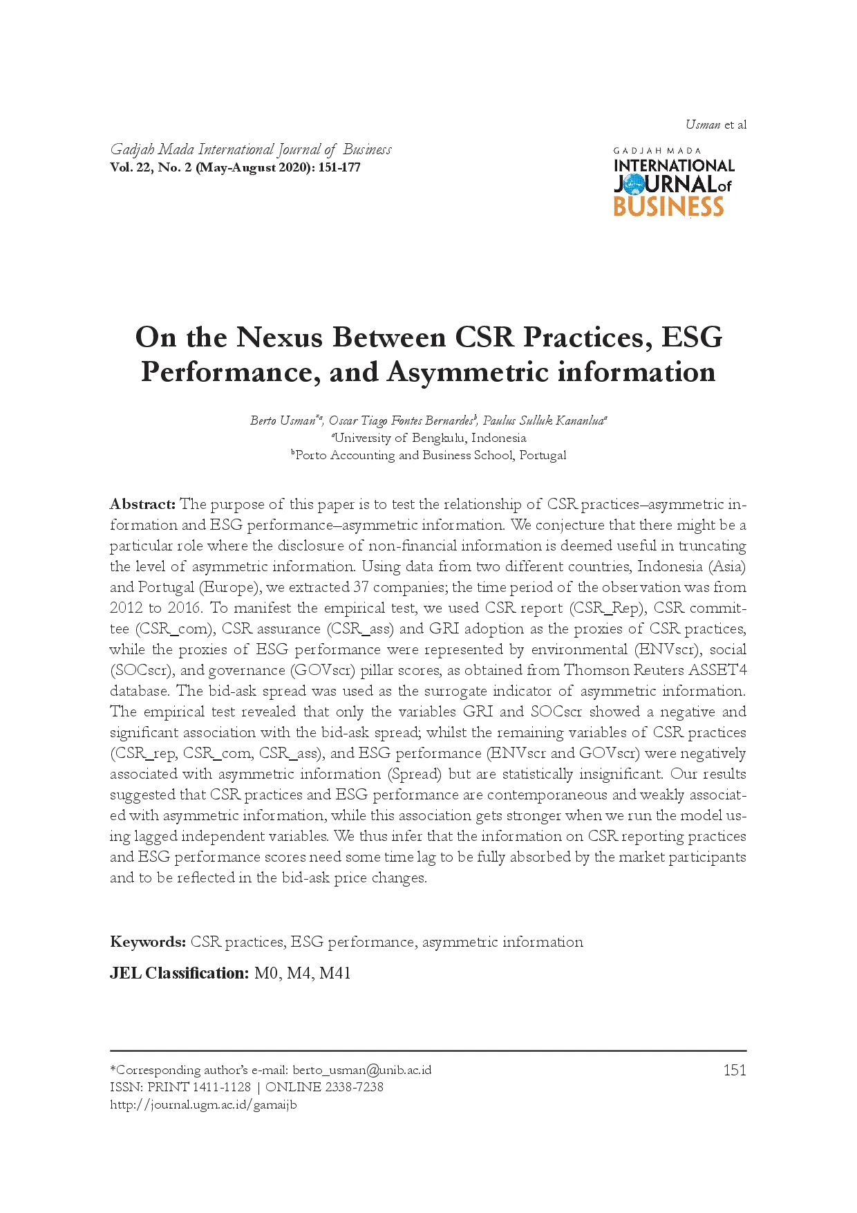 juris On the Nexus Between CSR Practices ESG Performance and Asymmetric information