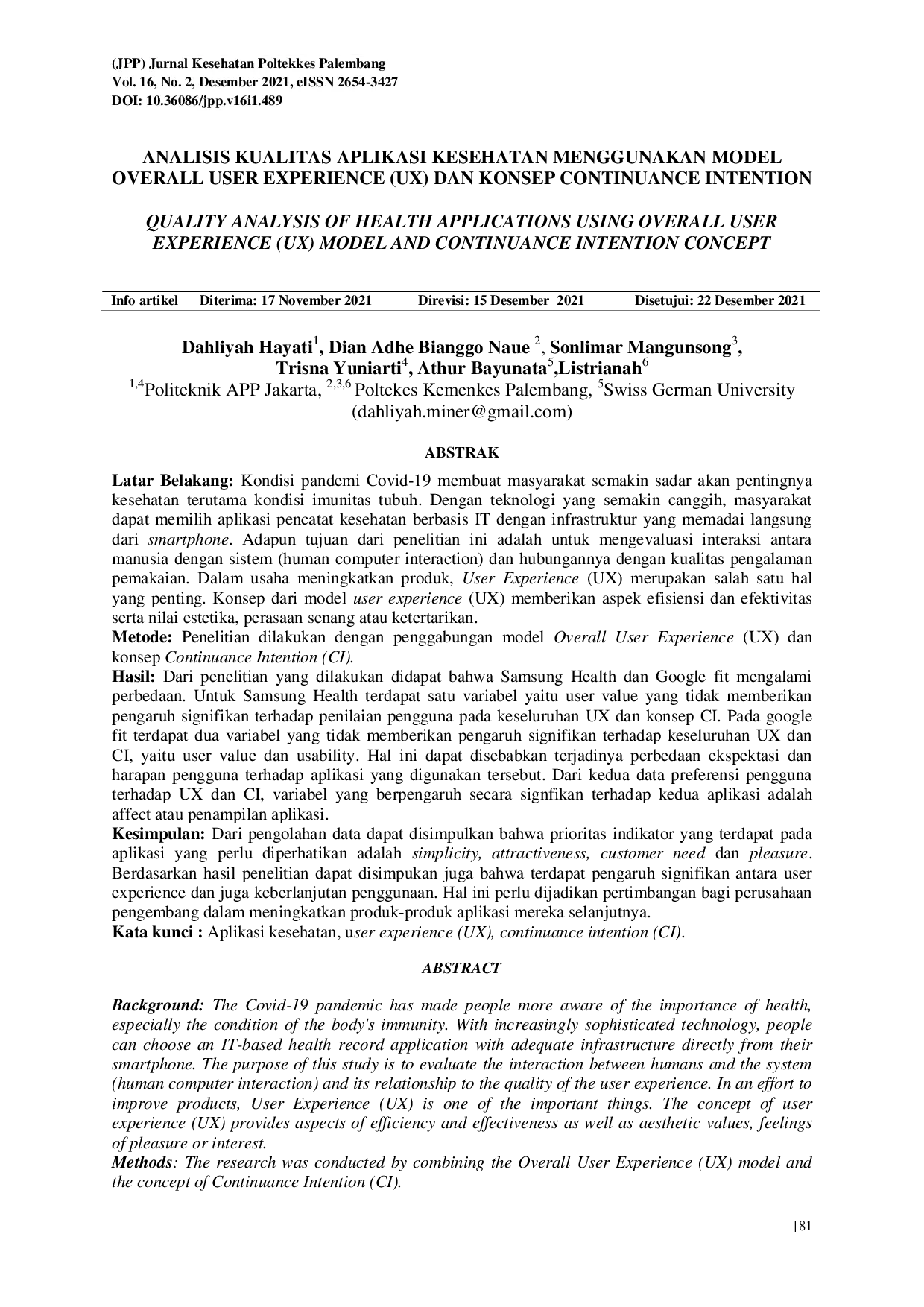 juris Analisis Kualitas Aplikasi Kesehatan Menggunakan Model Overall User Experience UX dan Konsep Continuance Intention