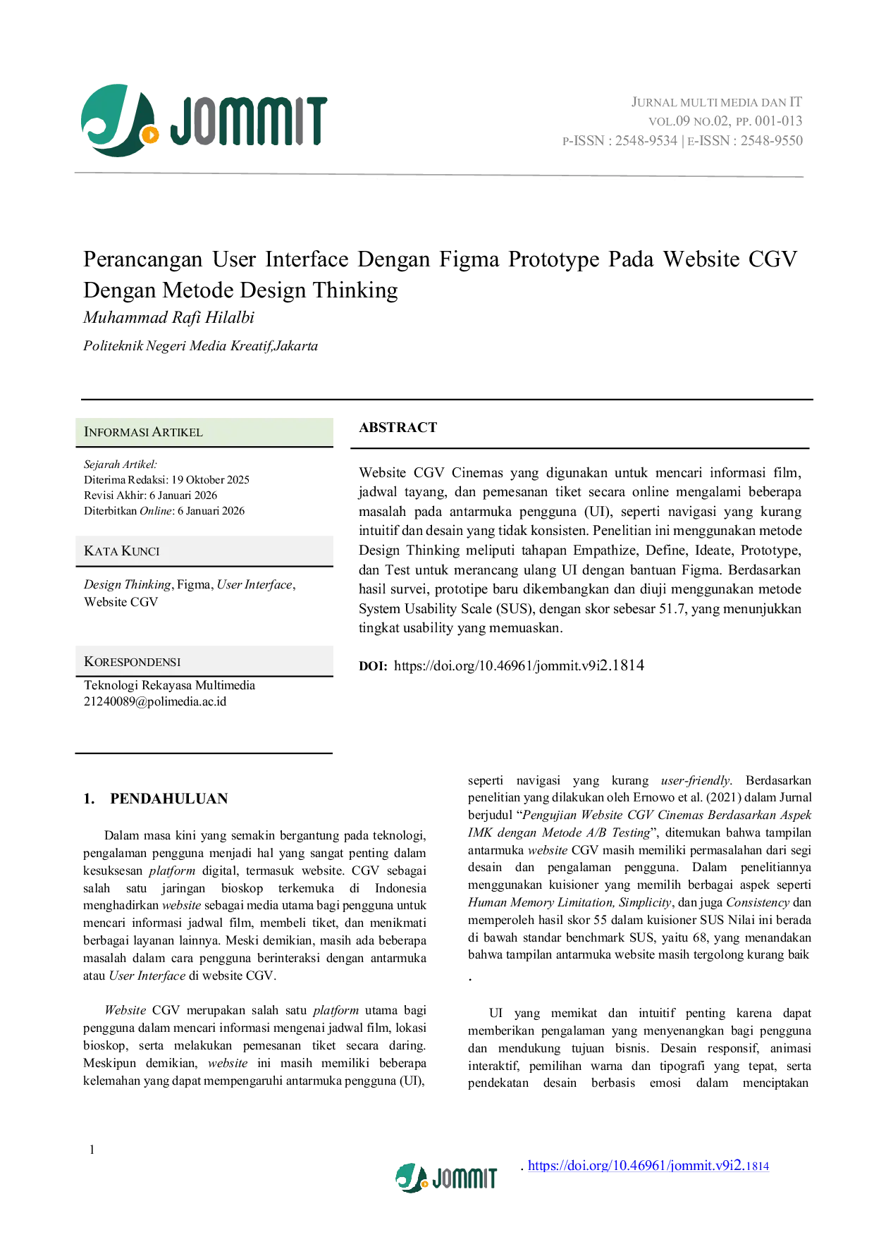 JURIS Perancangan User Interface Dengan Figma Prototype Pada Website CGV Dengan Metode Design Thinking
