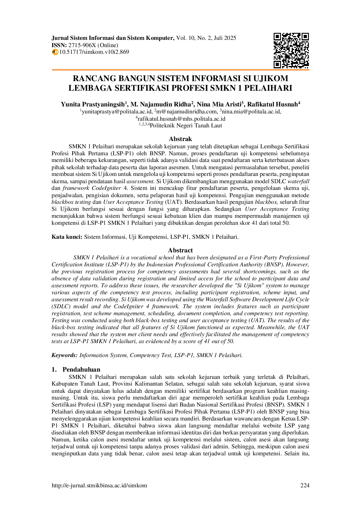 JURIS Rancang Bangun Sistem Informasi Si Ujikom Lembaga Sertifikasi Profesi SMKN 1 Pelaihari