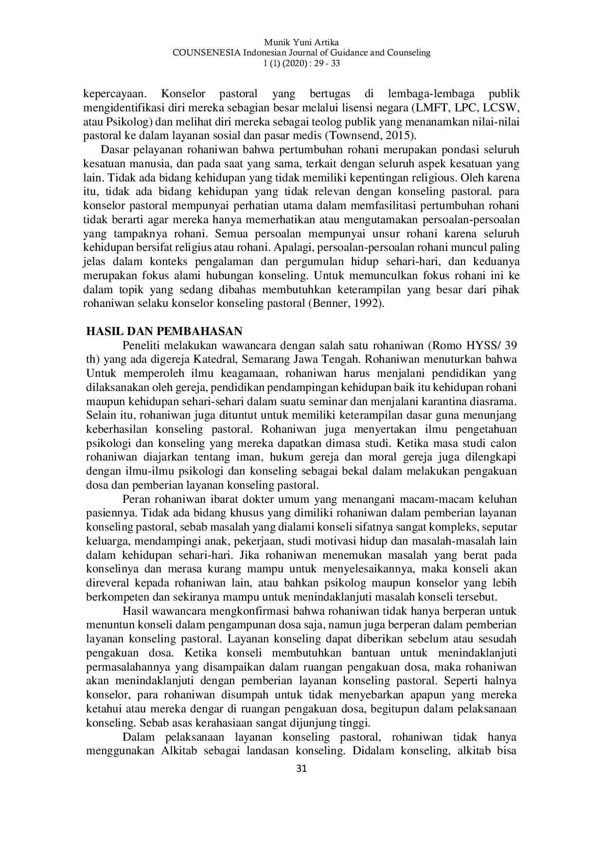 JURIS Peran Rohaniwan Sebagai Konselor Dalam Pemberian Layanan Konseling Pastoral