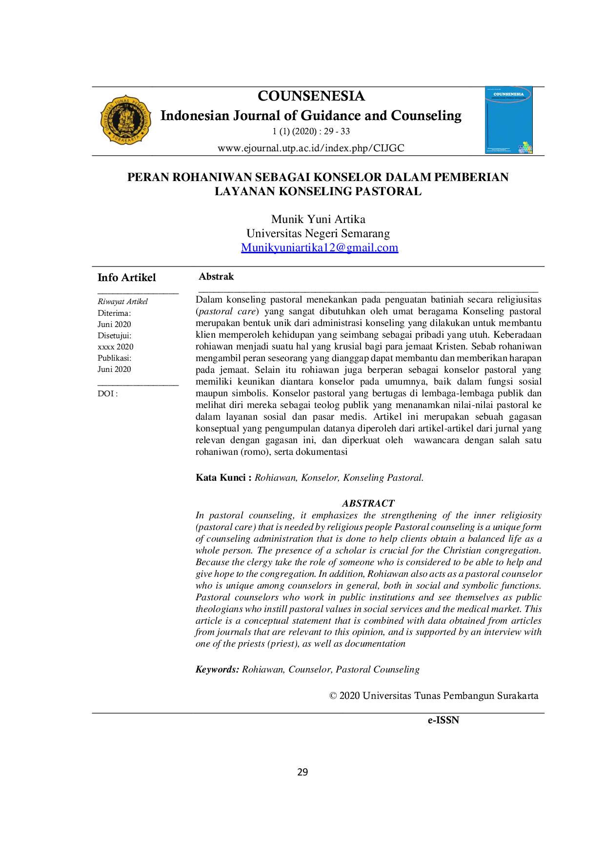 JURIS Peran Rohaniwan Sebagai Konselor Dalam Pemberian Layanan Konseling Pastoral