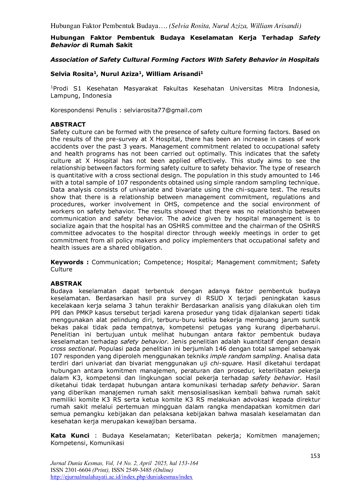 JURIS Hubungan Faktor Pembentuk Budaya Keselamatan Kerja terhadap Safety Behavior di Rumah Sakit