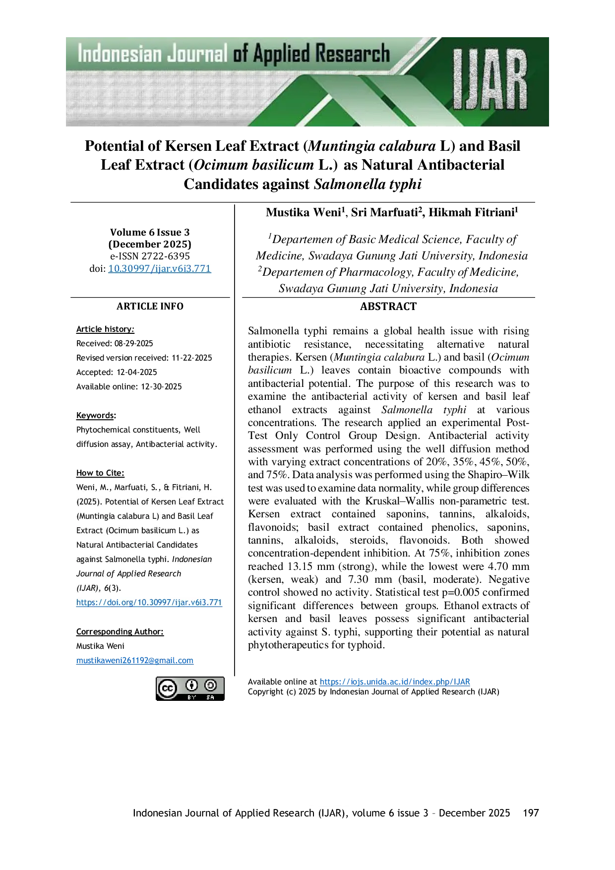 JURIS Potential of Kersen Leaf Extract Muntingia calabura L and Basil Leaf Extract Ocimum basilicum L as Natural Antibacterial Candidates against Salmonella typhi