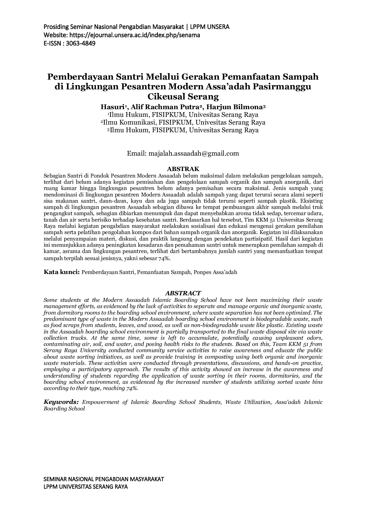 JURIS Pemberdayaan Santri Melalui Gerakan Pemanfaatan Sampah di Lingkungan Pesantren Modern Assa adah Pasirmanggu Cikeusal Serang