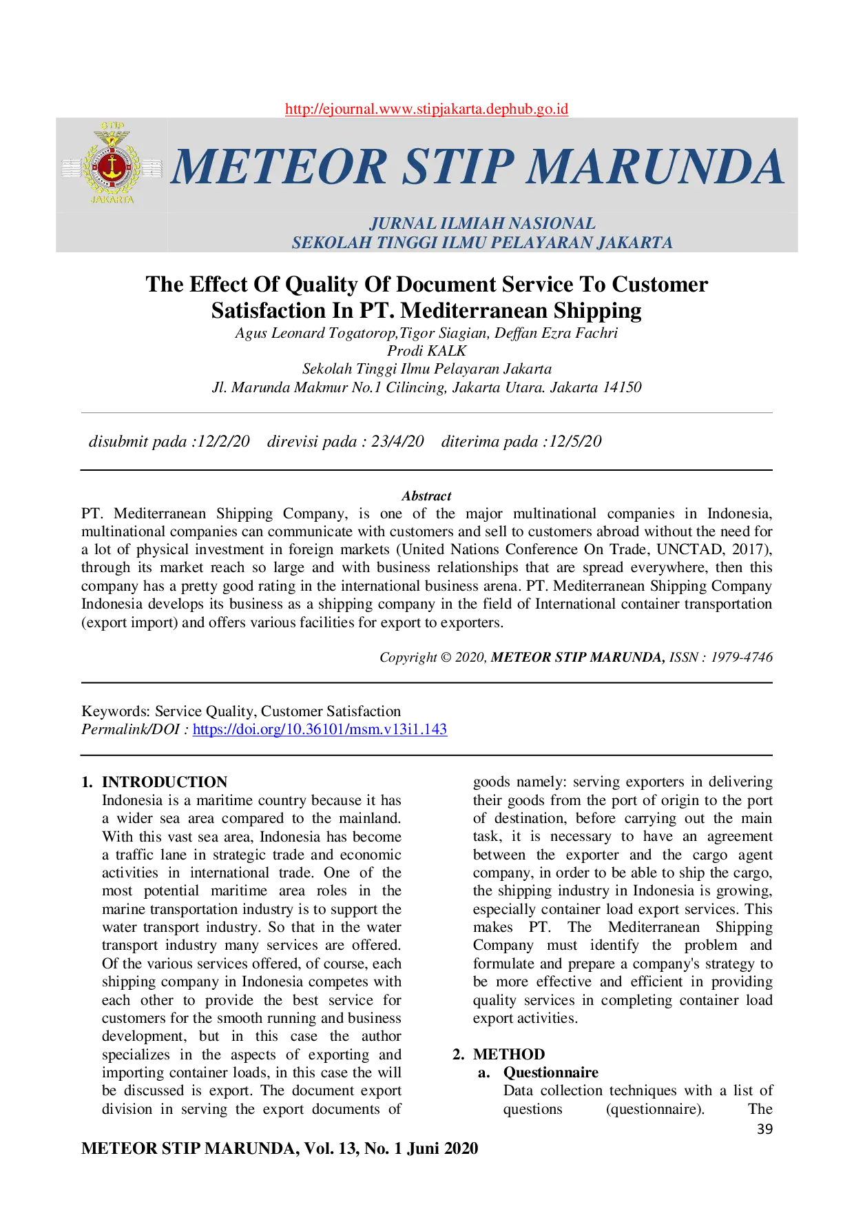 JURIS The Effect Of Quality Of Document Service To Customer Satisfaction In PT Mediterranean Shipping