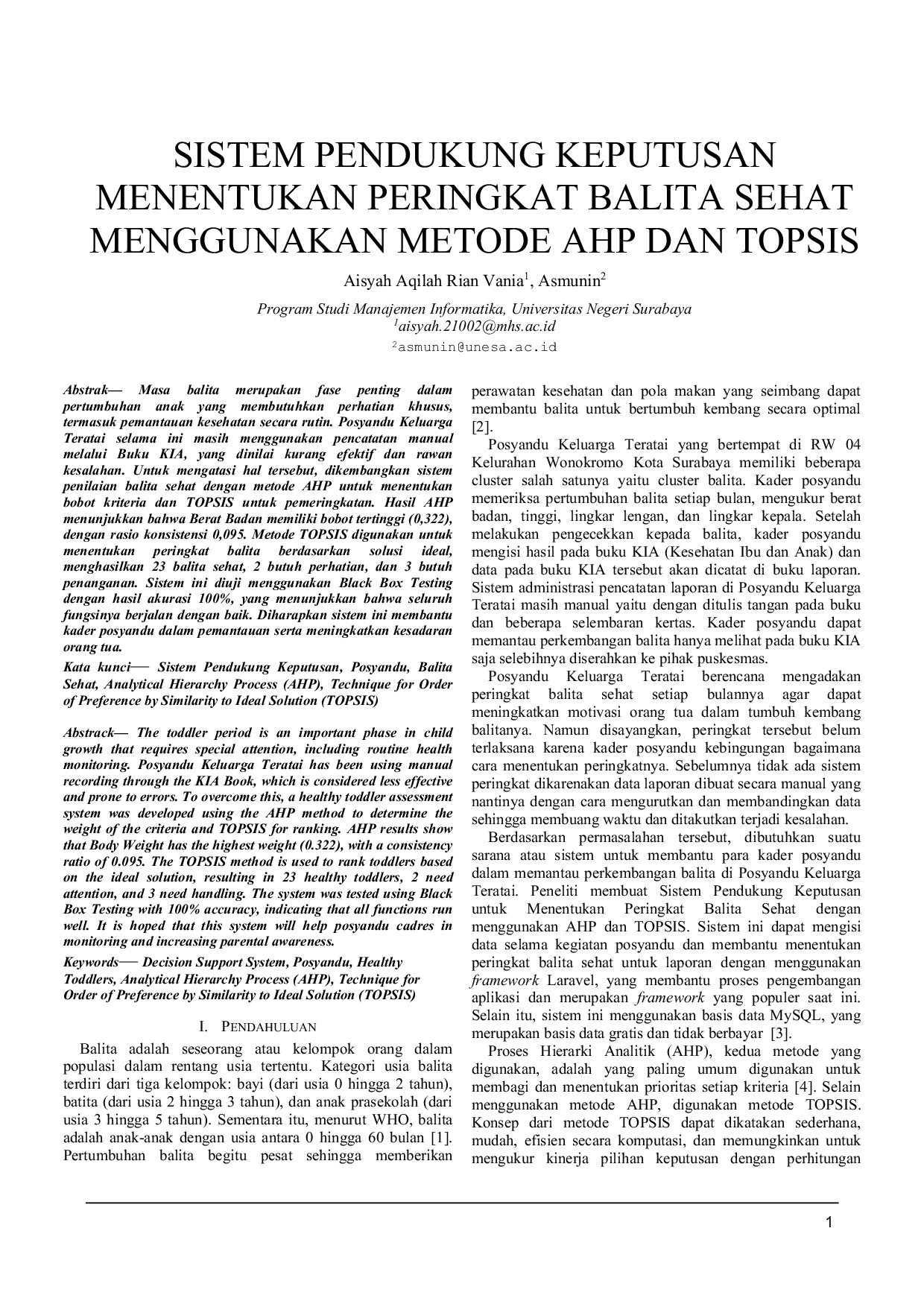 JURIS Sistem Pendukung Keputusan Menentukan Peringkat Balita Sehat Menggunakan Metode AHP dan TOPSIS
