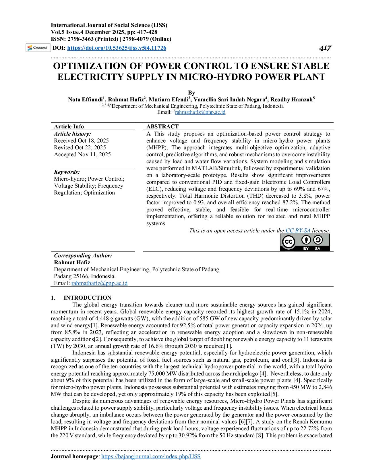 JURIS Optimization of Power Control to Ensure Stable Electricity Supply in Micro Hydro Power Plant